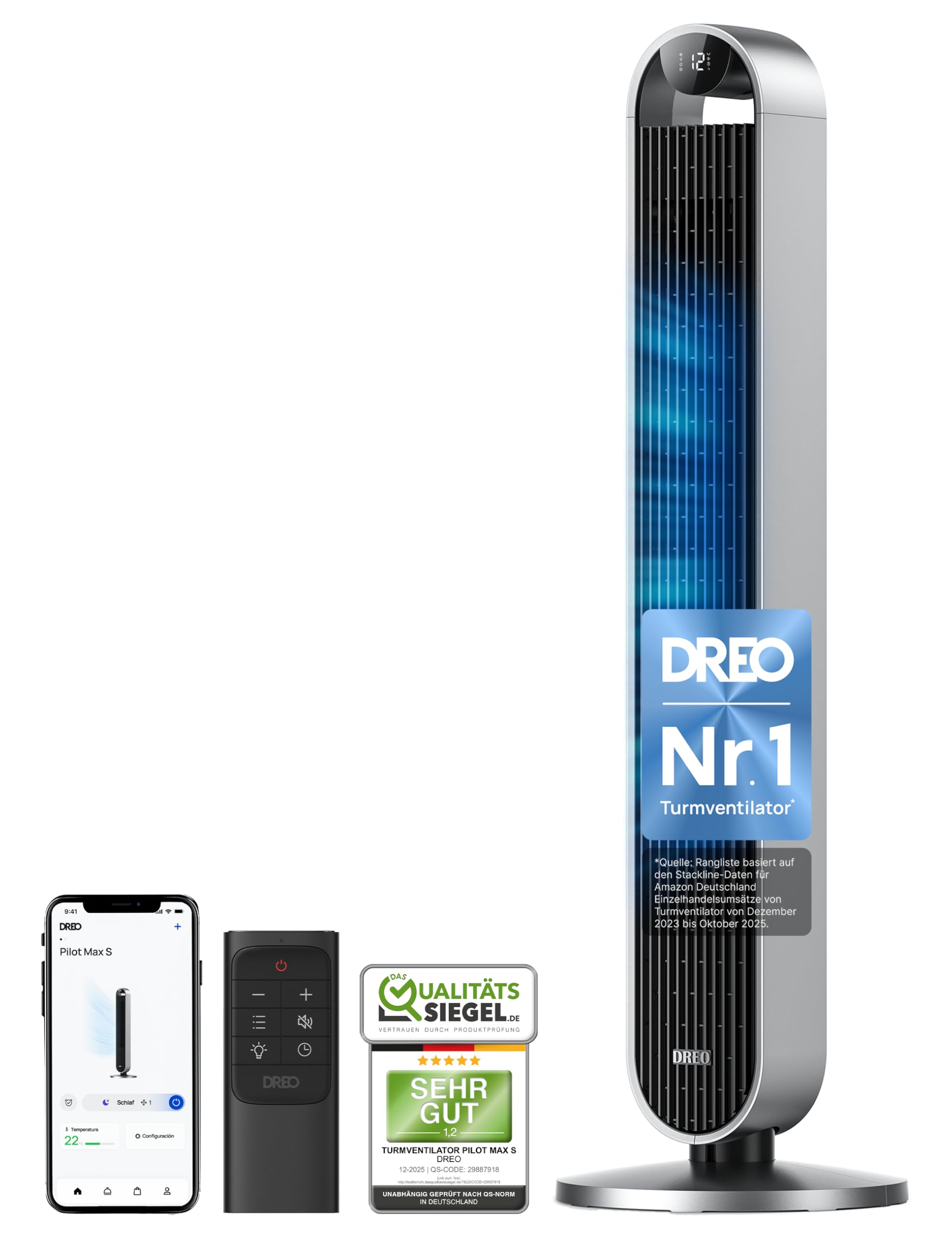DREO Smart Turmventilator 120 Grad oszillierend 25dB Fernbedienung 12 Geschwindigkeiten 4 Modi Pilot Max S
