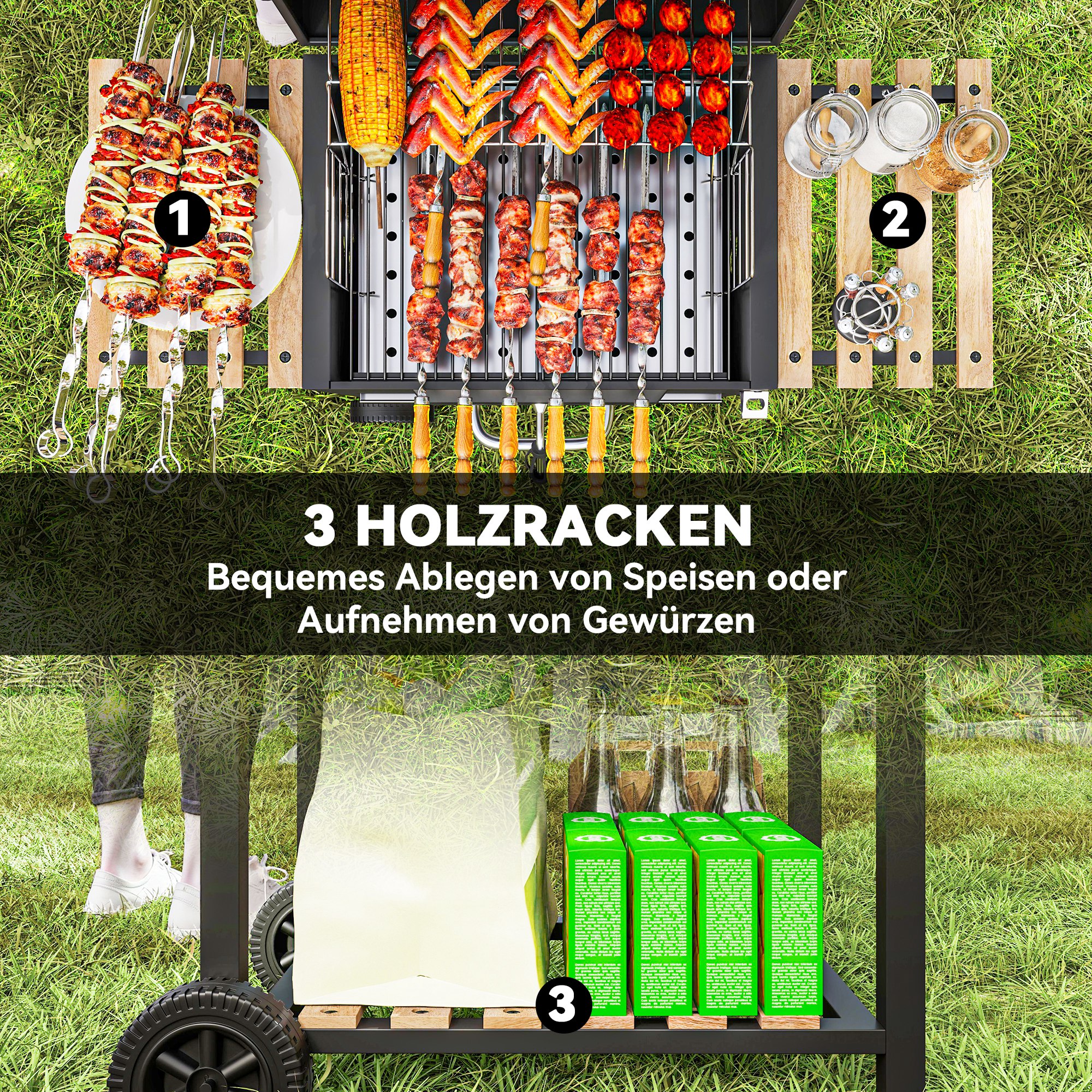 Houtskoolgrill met verstelbare kolenbak, grillwagen, planken, thermometer, flesopener, staal, hout, zwart