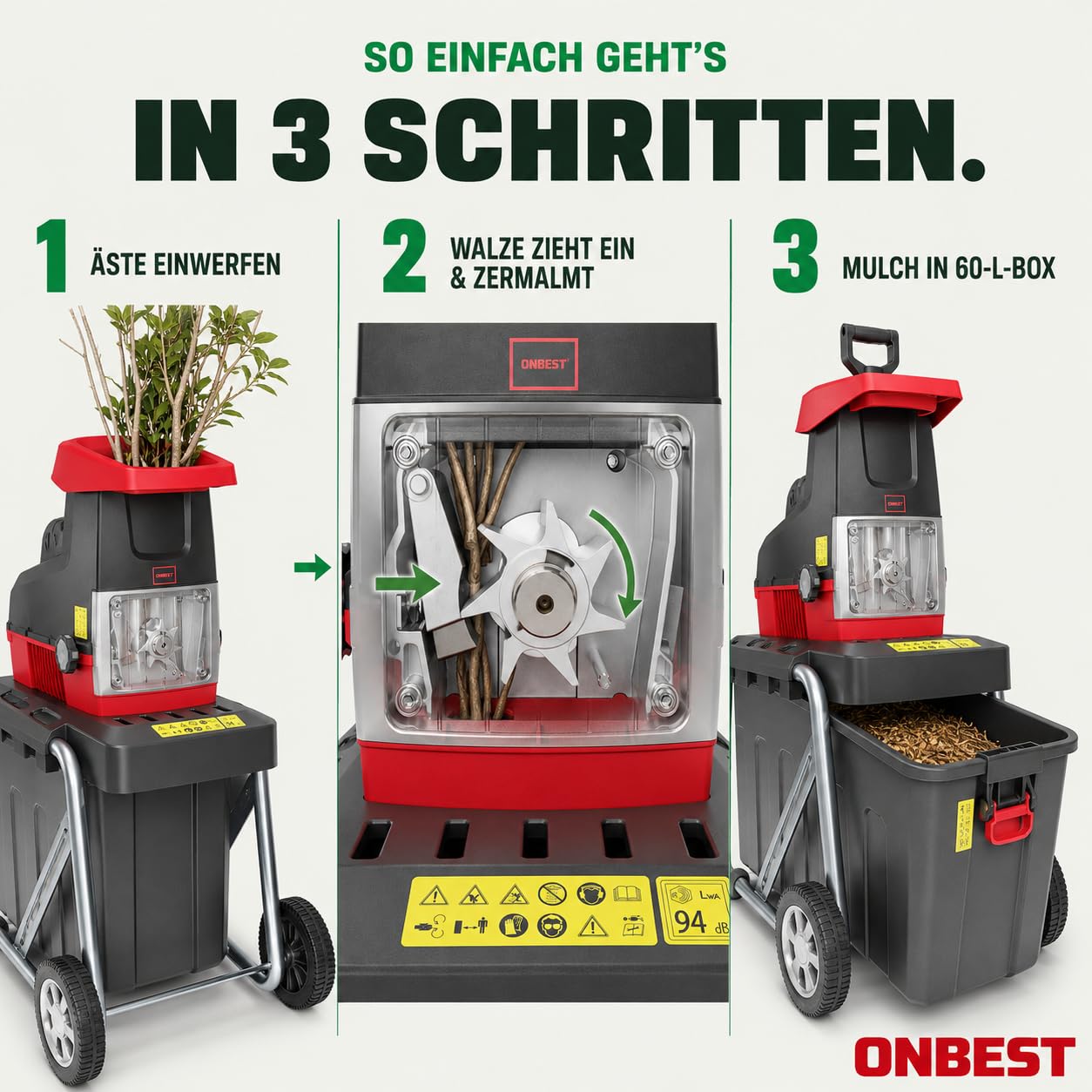 Elektro-Gartenhäcksler 2800 W für Äste bis 44 mm mit 60-Liter-Auffangbox Rücklauffunktion Überlastungsschutz und Selbsteinzug