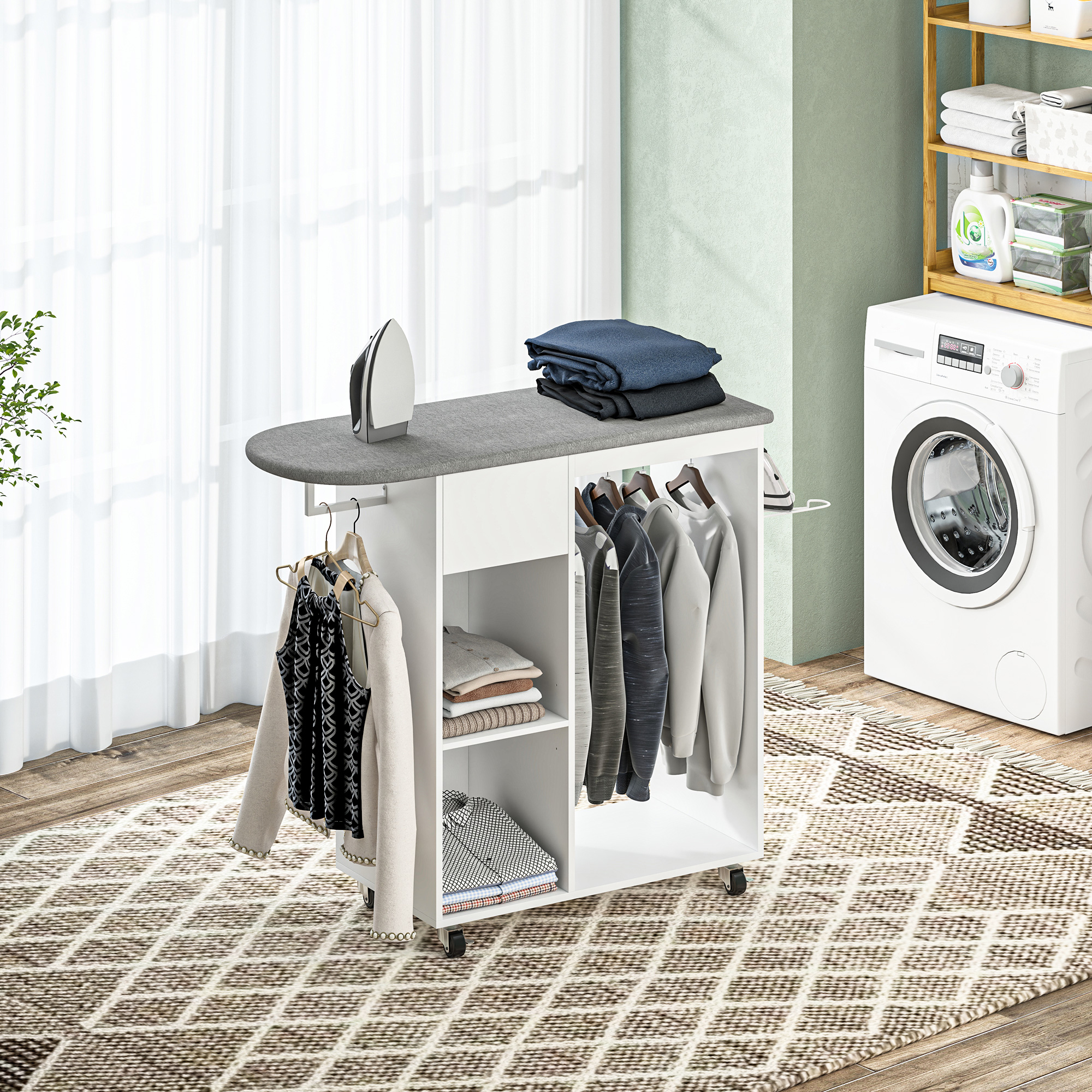 HOMCOM Bügelbrett aus Holz mit Rollen, Kleiderstange und verstellbarem Regal 125 x 43,5 x 112 cm weiß