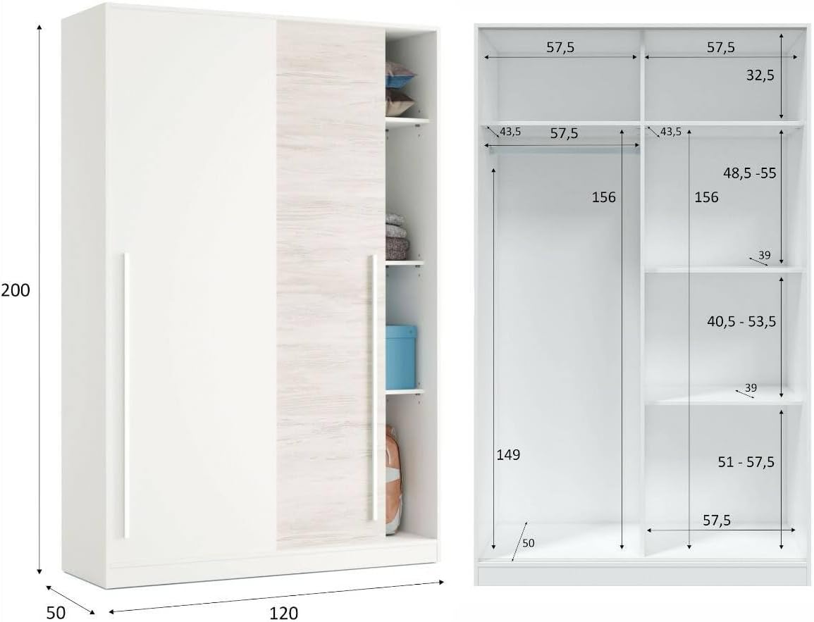 Downey 2 Door Wardrobe Bedroom Wardrobe with Clothes Rail and 3 Shelves 120 x 50 x 200 cm Antique White