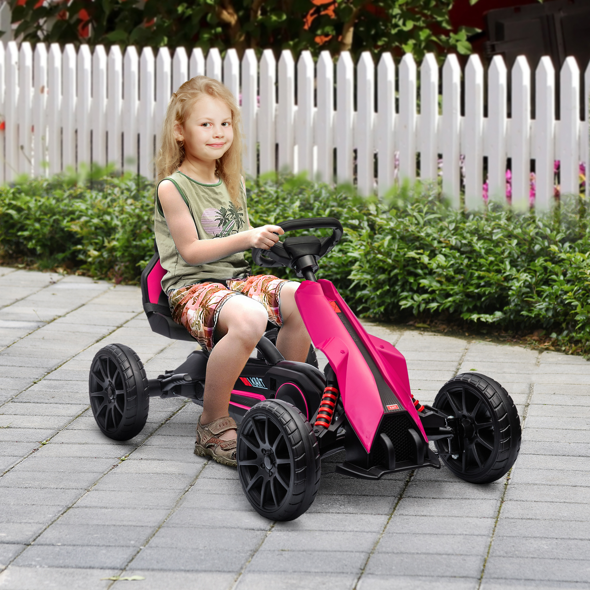 HOMCOM Go-Kart, Kinderfahrzeug mit verstellbarem Sitz, Tretfahrzeug, Tretauto mit Handbremse, 3-8 Jahre, Outdoor, Rosa
