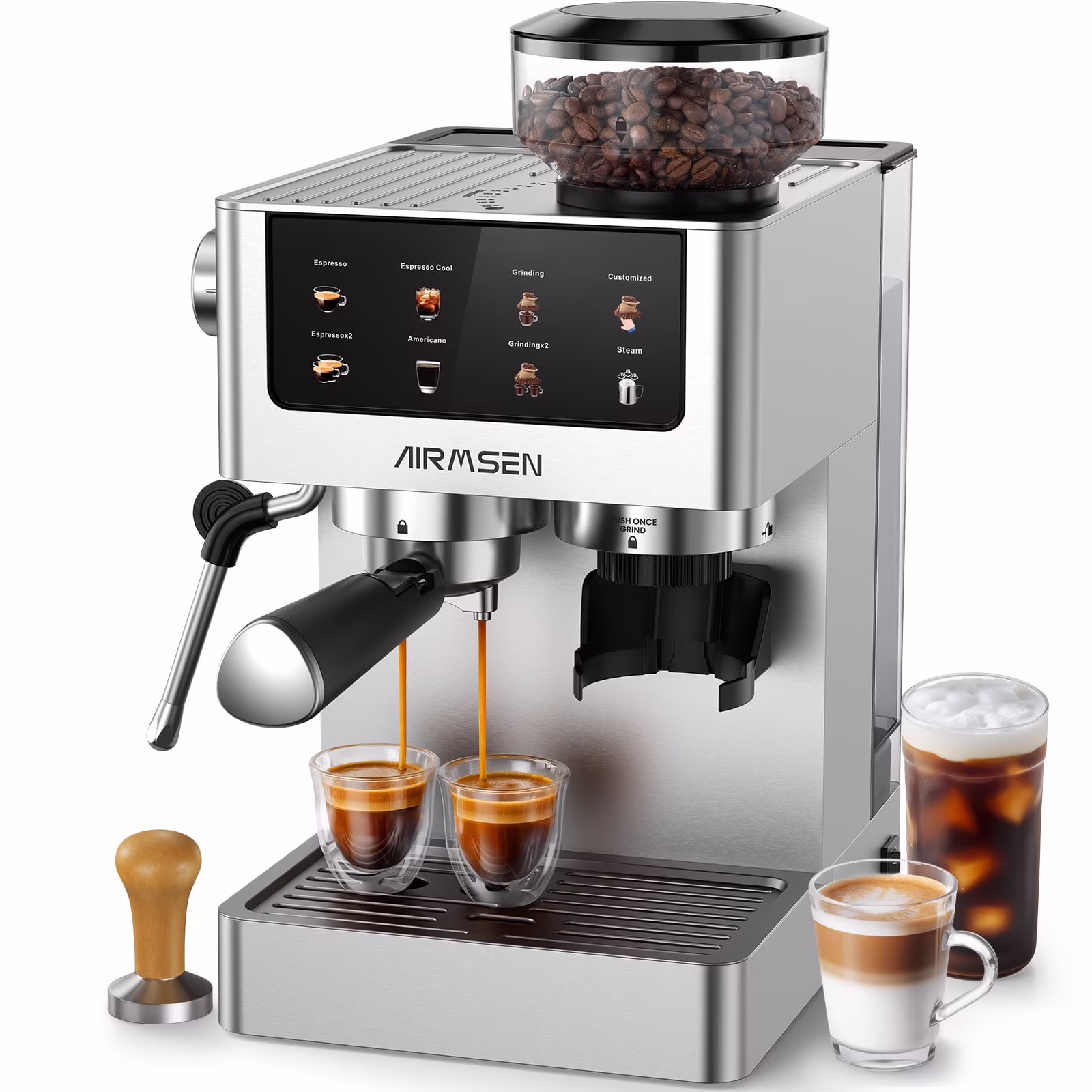 AIRMSEN Espresso Machine with Grinder, Espresso Coffee Machine with Customized Grind Amount & Coffee Volume, Cold Brew Coffee Maker for Cappuccino Latte Americano, Brushed Stainless Steel