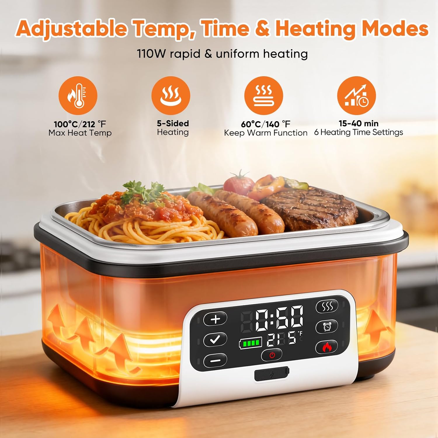 Scaldavivande a Batteria Ricaricabile, 1,5L Lunch Box Elettrico Portatile, Porta Pranzo Riscaldabile con 6 Modalità di Riscaldamento & Timer 24H, Antiperdita per Lavoro Viaggio Campeggio
