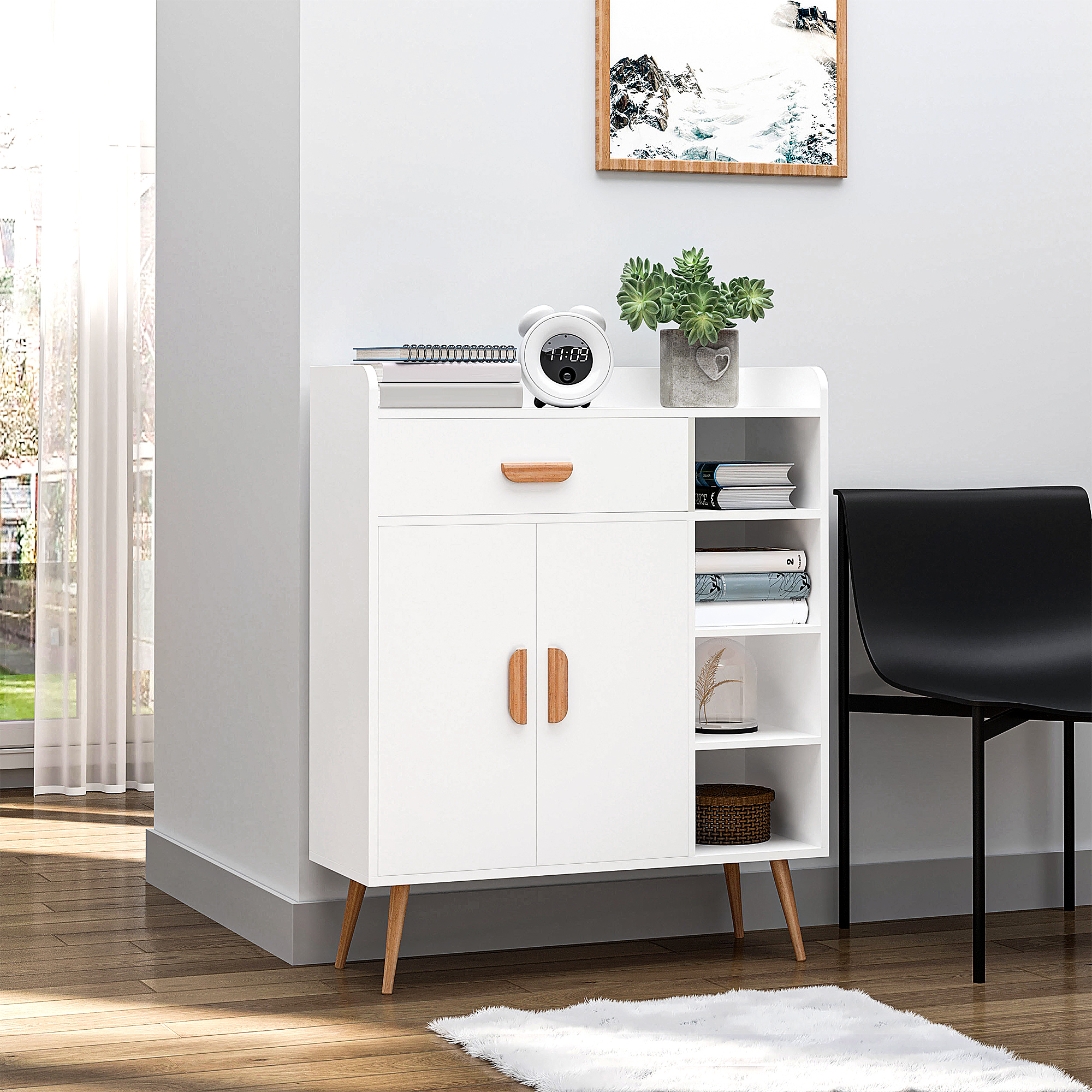 HOMCOM Kommode Sideboard Schubladenkommode Highboard Schrank Anrichte Schuhschrank mit 1 Schubladen 2 Türen 3 Fächern Weiß 80 x 29,5 x 96 cm