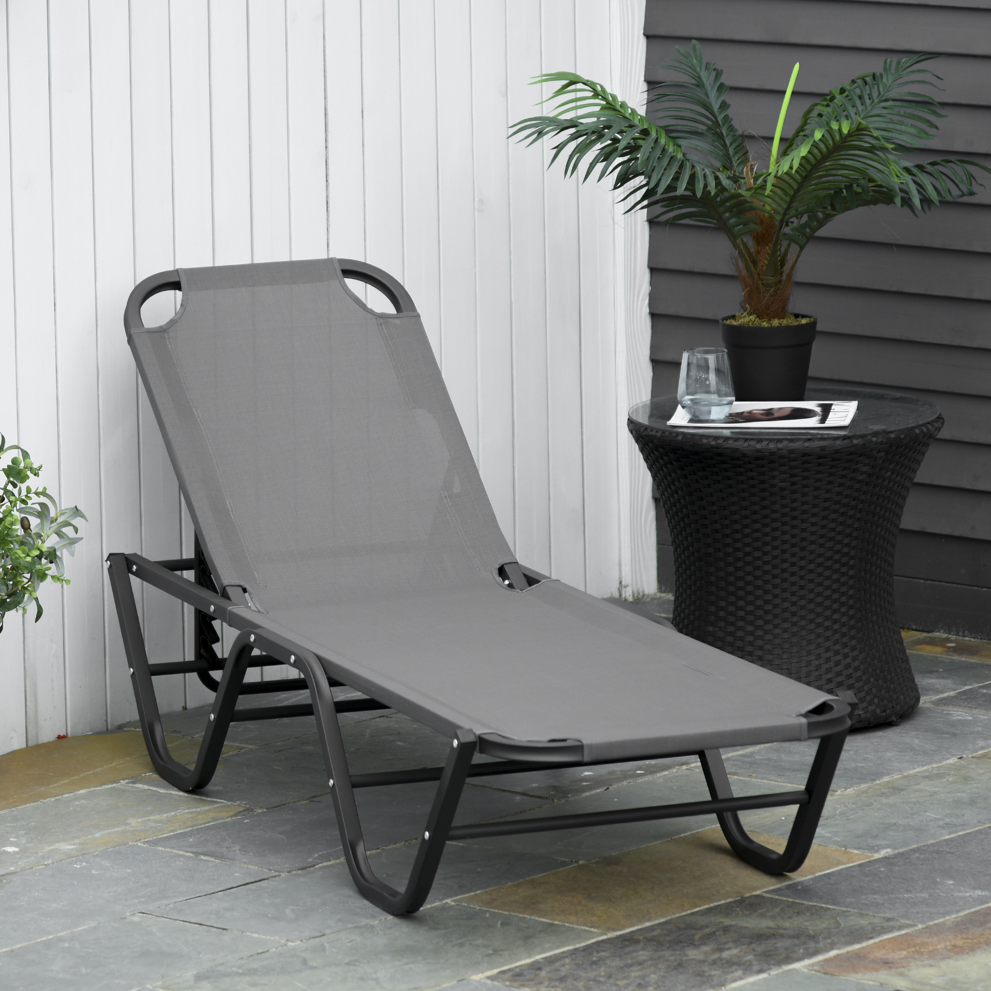 Outsunny Sonnenliege Strandliege 5-Stufige Alu Gartenliege Relaxliege Texteline Grau+Schwarz 163 x 58,5 x 91 cm