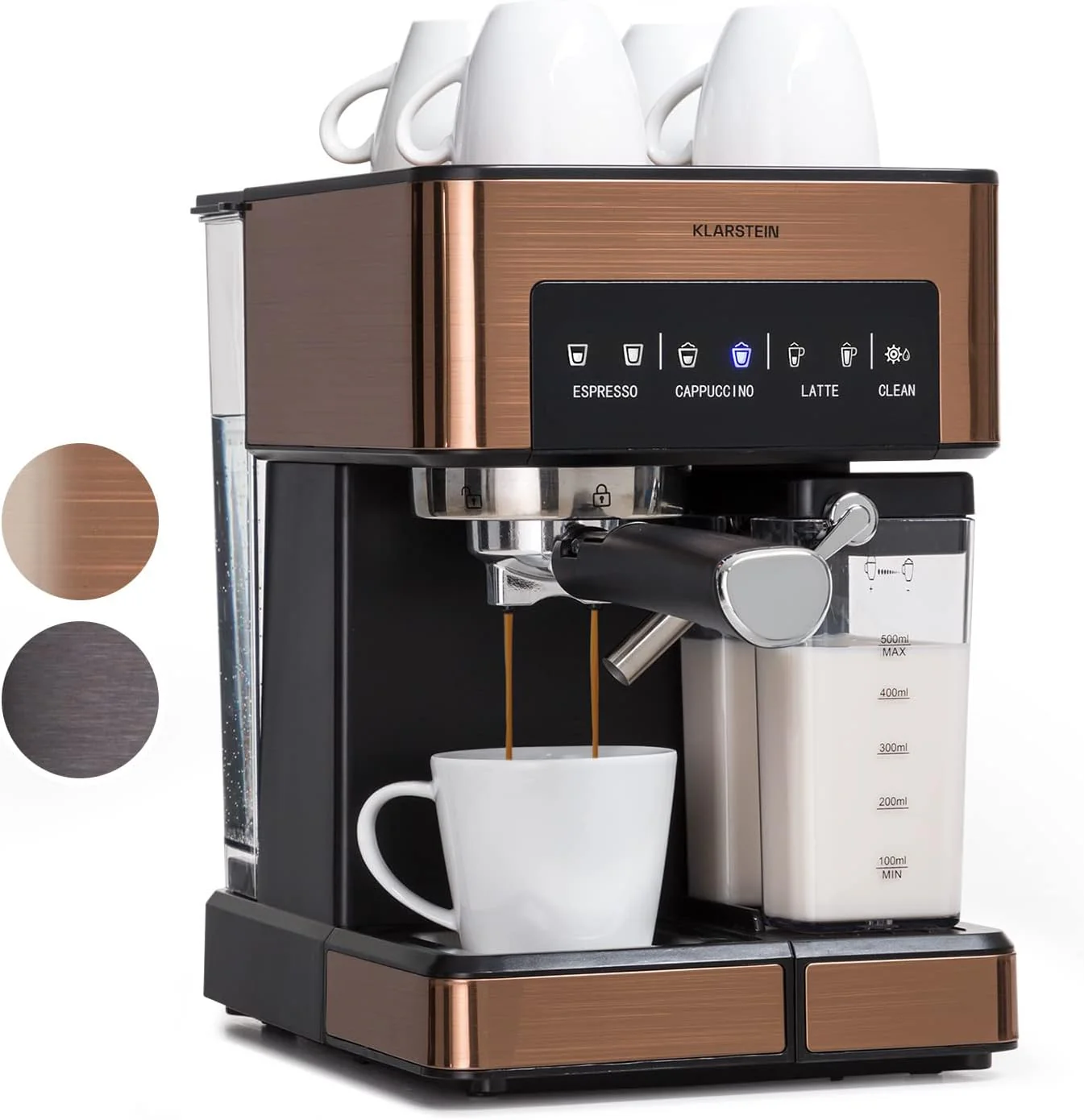 Klarstein Espressomachine met Melkopschuimer, 1,8L Mini-espressomachine met filterdrager, 20 bar, roestvrij staal, klein, 0,5L melktank, 1350W koffiezetapparaat voor gemalen koffie
