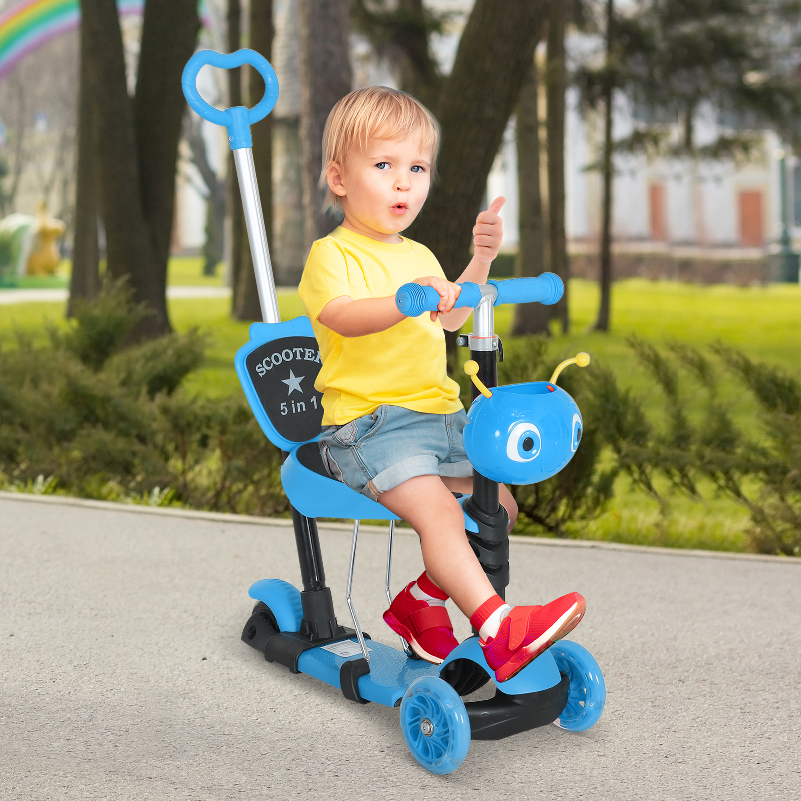 HOMCOM 5-in-1 Kinderroller Scooter Tretroller Cityroller Kinder Roller Kickboard Lenker Teleskoprohr höhenverstellbar Blau 62 x 25 x 72,5 cm