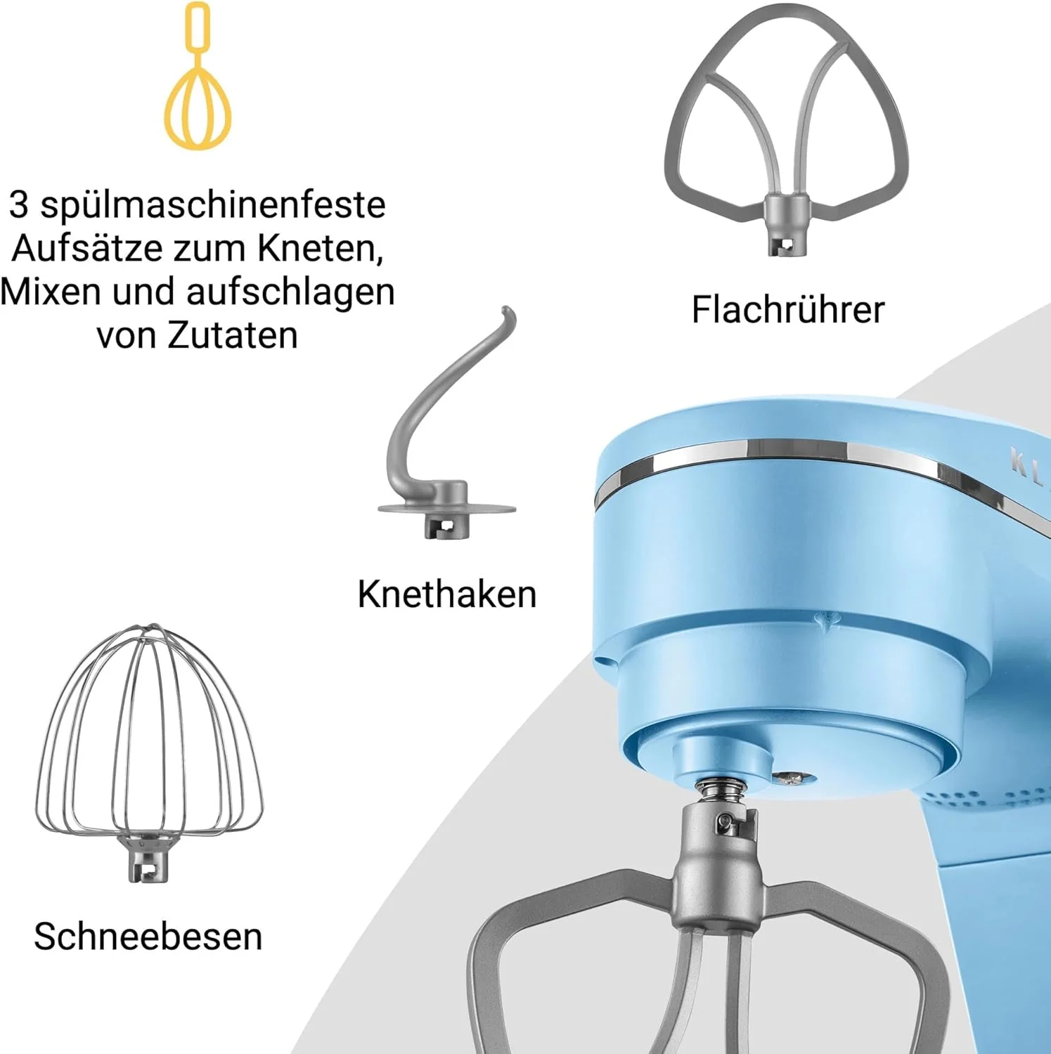 KLAMER Keukenmachine 1800W, Kneedmachine met 6 Liter RVS Kom, 10 Snelheidsstanden met Timer, Klopper, Deeghaak, Garde en Spatdeksel