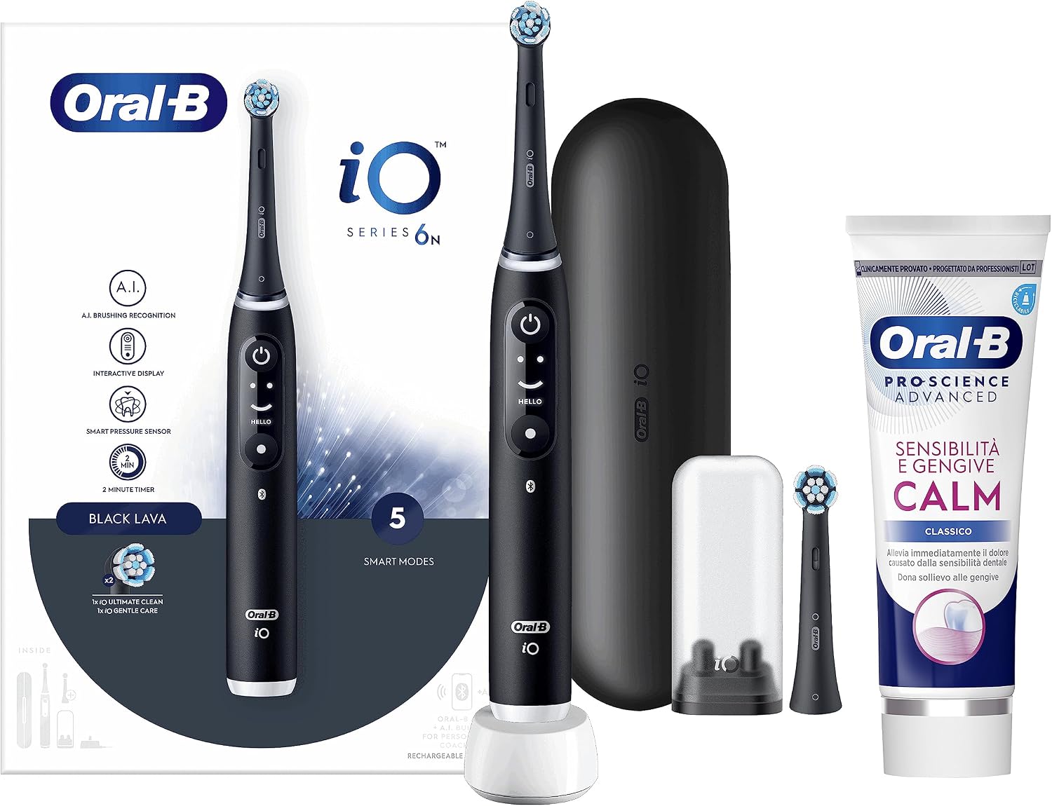 Oral-B Spazzolino Elettrico Ricaricabile iO6 Nero Con Custodia Da Viaggio, 1 Spazzolino + 1 Dentifricio Sensibilità e Gengive Calm 75ml