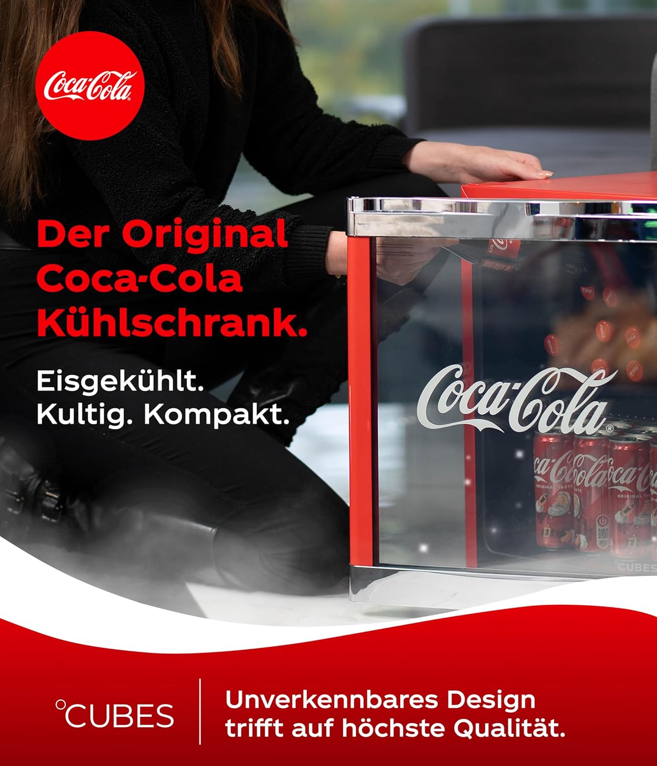 °CUBES Original Coca-Cola PopArt Mini Kühlschrank Rot (48L) - Getränkekühlschrank mit Glastür, leise & energieeffizient - Perfekt für Büro, Partys & Gaming - Cooler Flaschenkühlschrank - Für Getränke