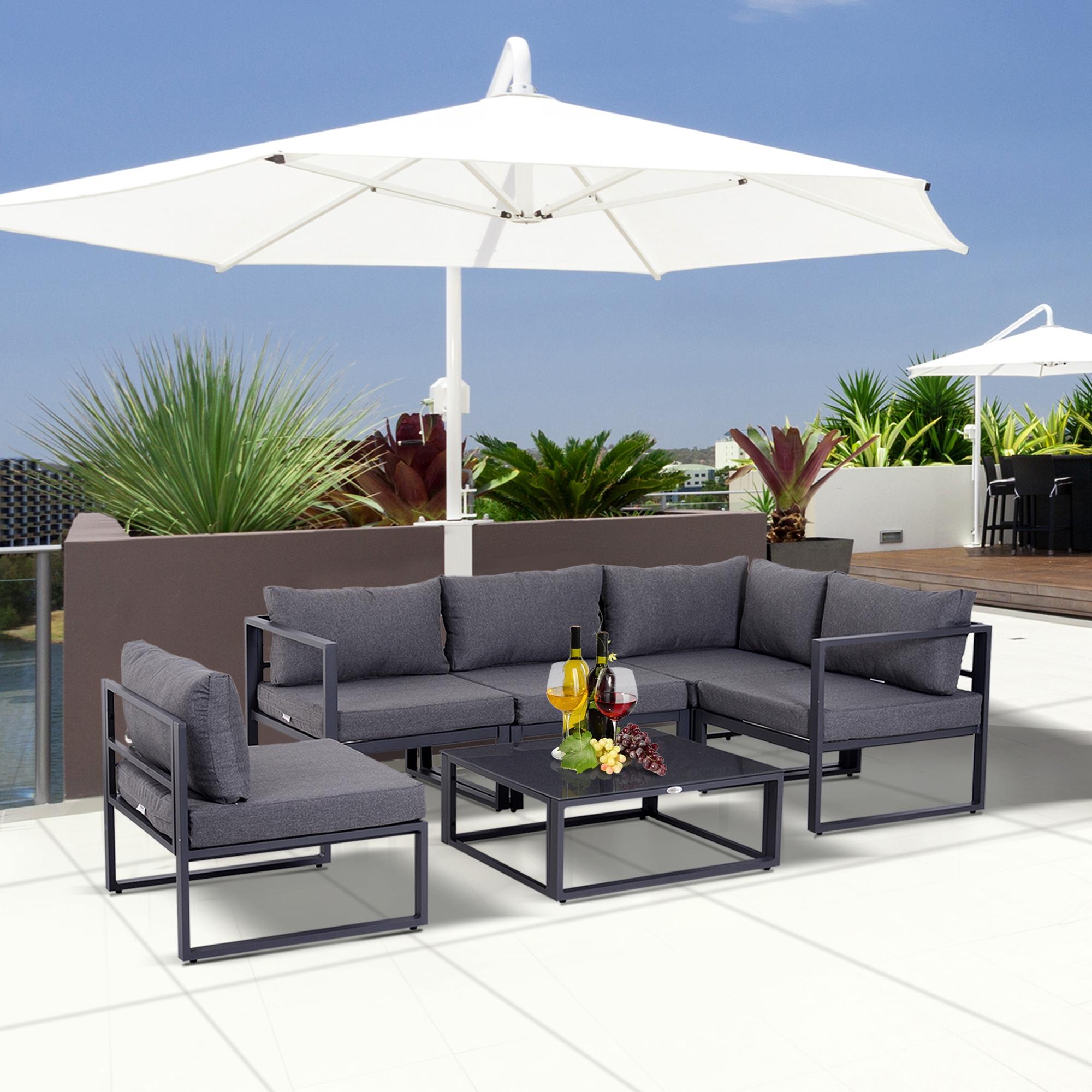 Outsunny 6-tlg. Gartengarnitur Gartenset Gartensofaset Sitzgruppe Gartenmöbel Alu+ Polyester + Hartglas Grau 4 x Sessel 1 x Ecksofa 1 x Beistelltisch Kissen für 4–5 Personen
