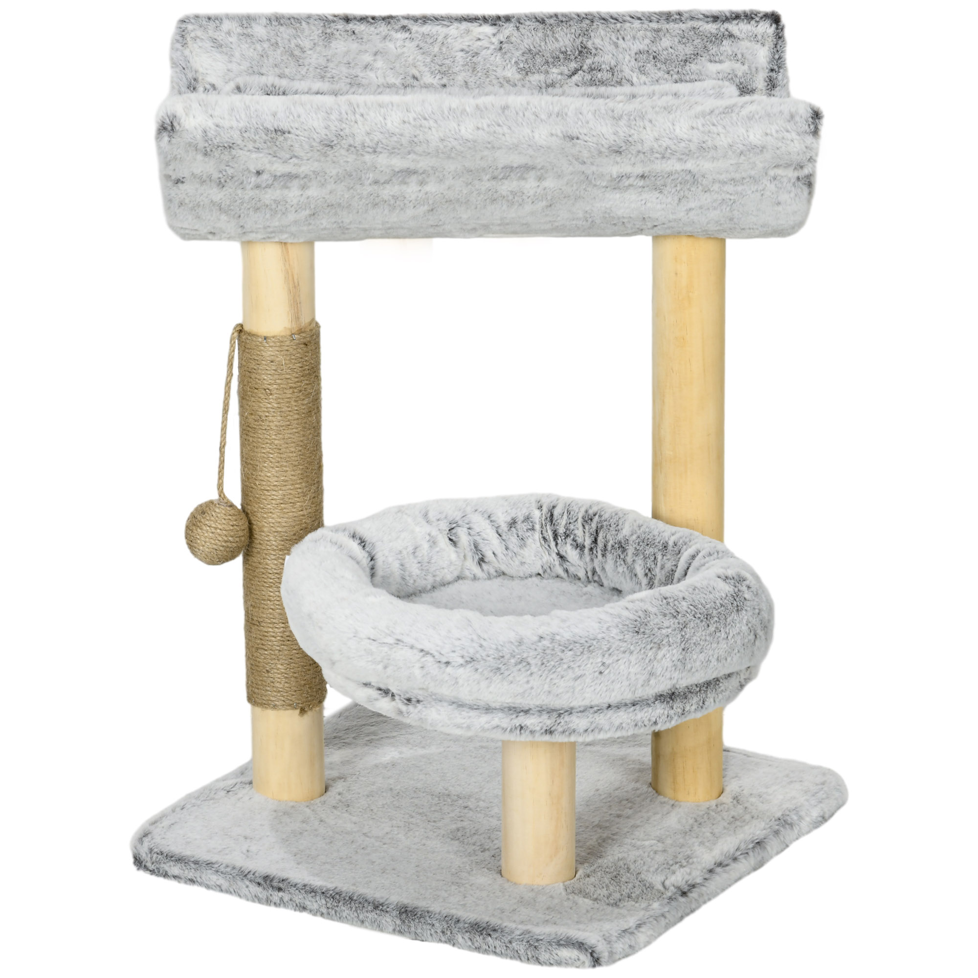 PawHut Katzenbaum mit Kratzbaum 1 obere Nische mit waschbarem Kissen 1 runde Nische Plüsch Höhe 66,5 cm Grau