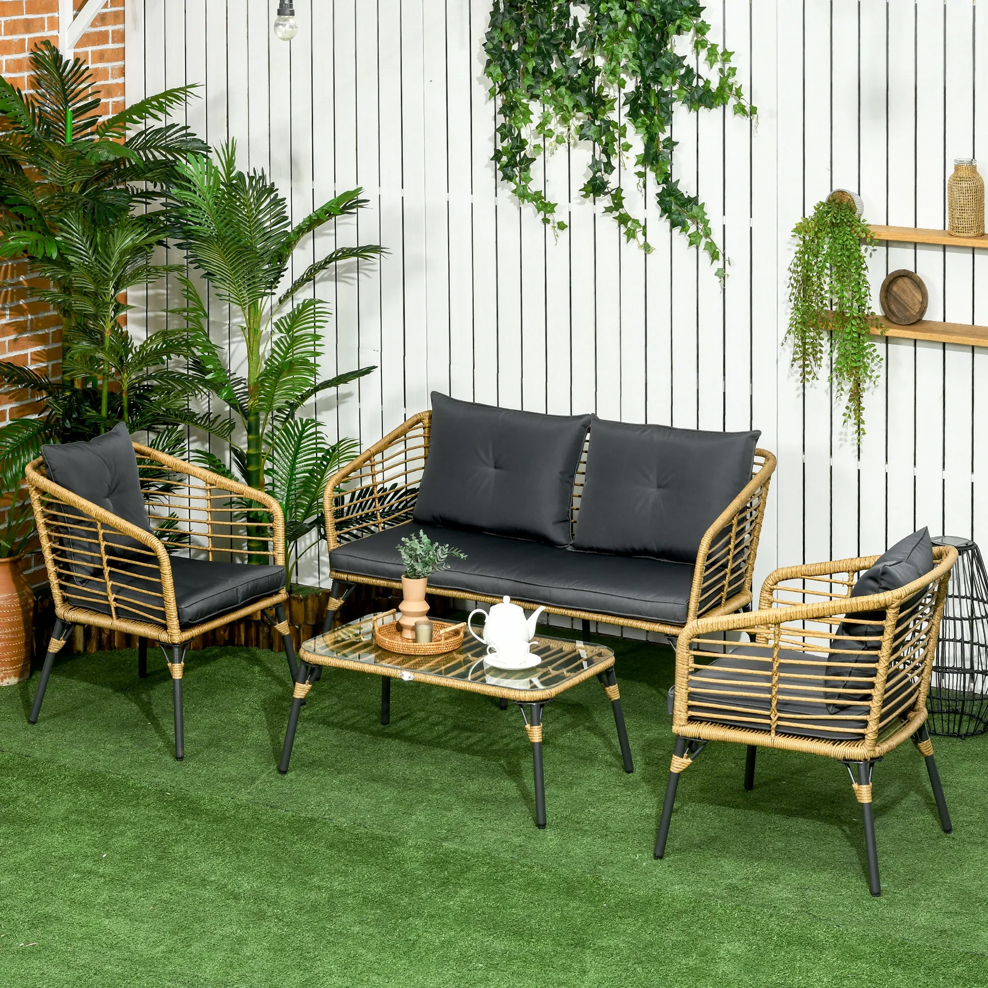 Outsunny Polyrattan Tuinbankset 4-delig. Boho-stijl Glazen Salontafel
