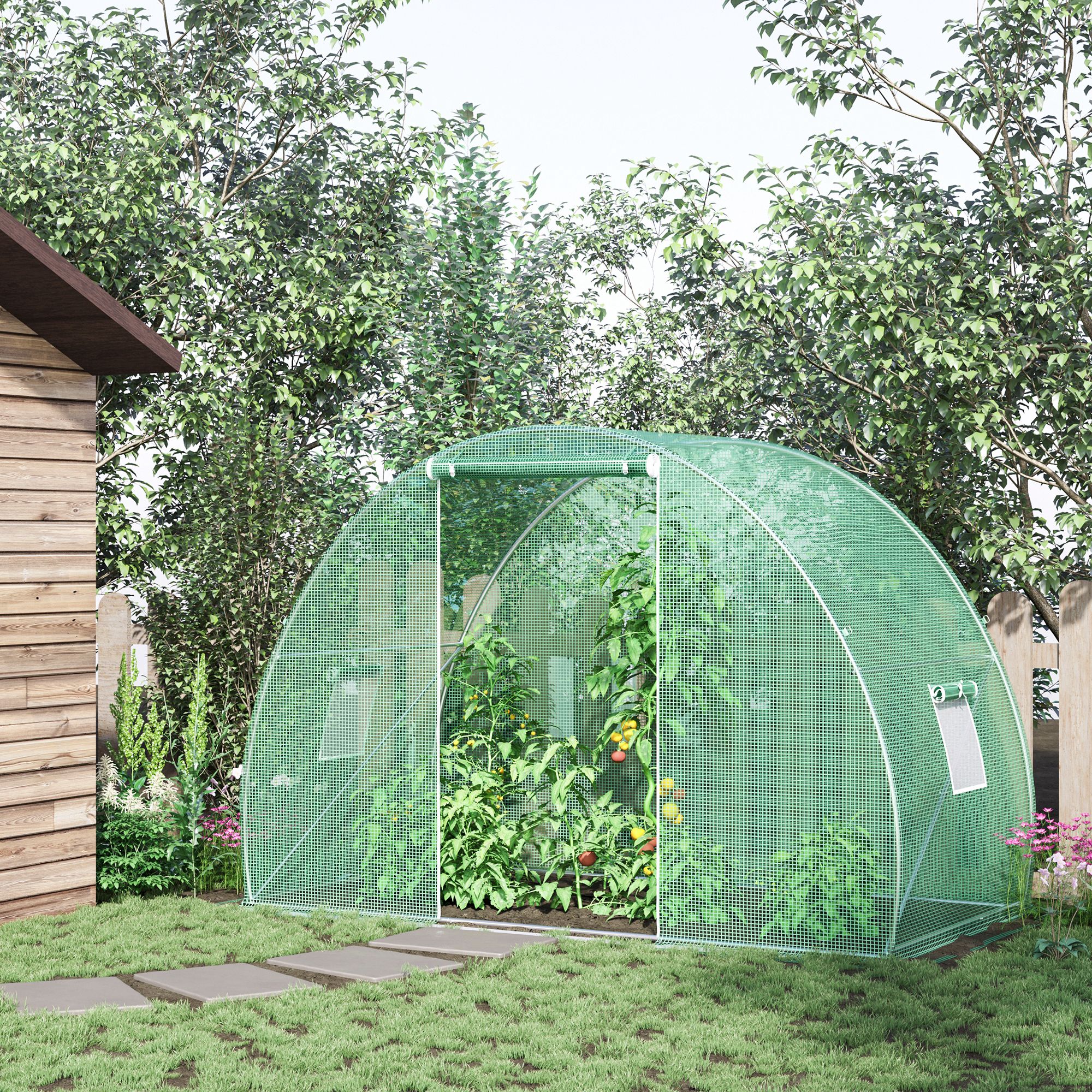 Outsunny Gartengewächshaus Tunnel Wintergewächshaus Bodenfläche 4,5 m² Maße 3L x 1,5B x 2H m Verstärktes Stahlgestänge Reißverschlusstor 2 aufrollbare Fenster Grün