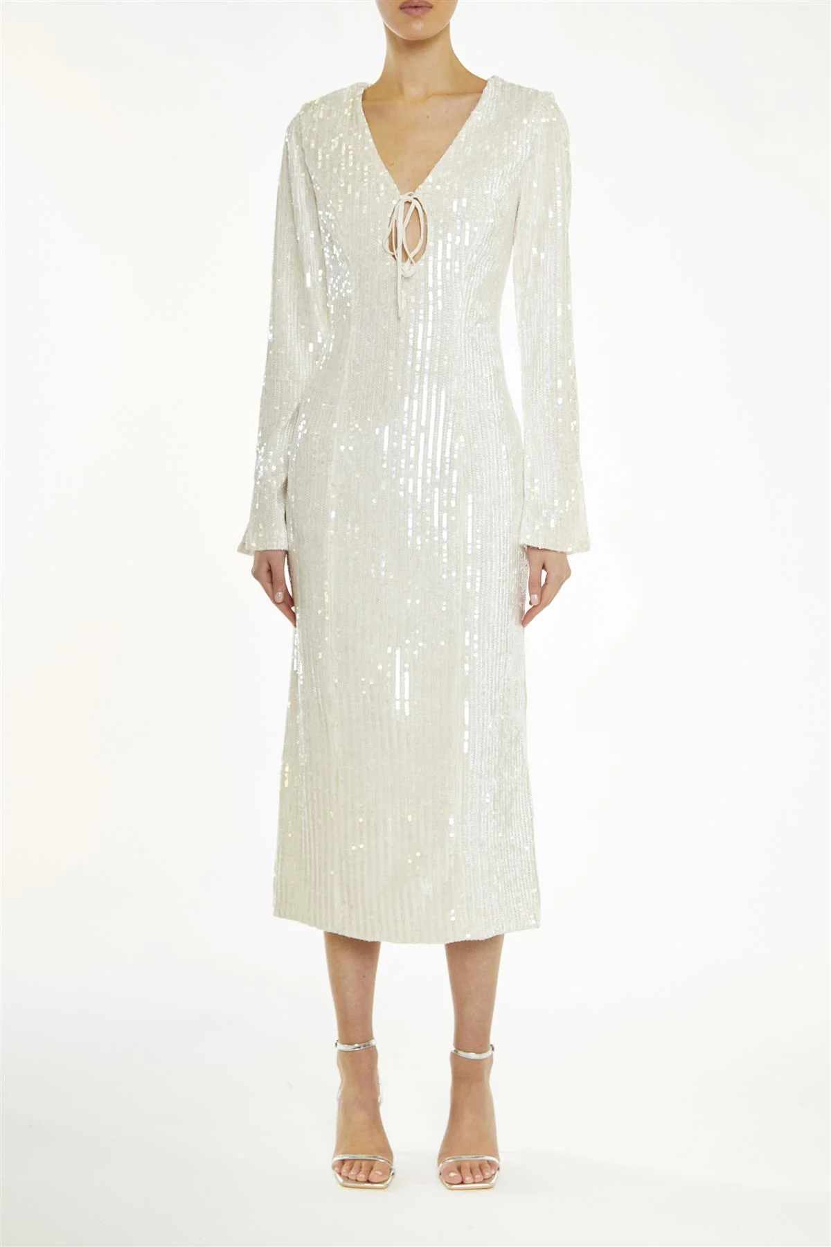 Anais Clear Nude Sequin Flared Sleeve Midi-Dress