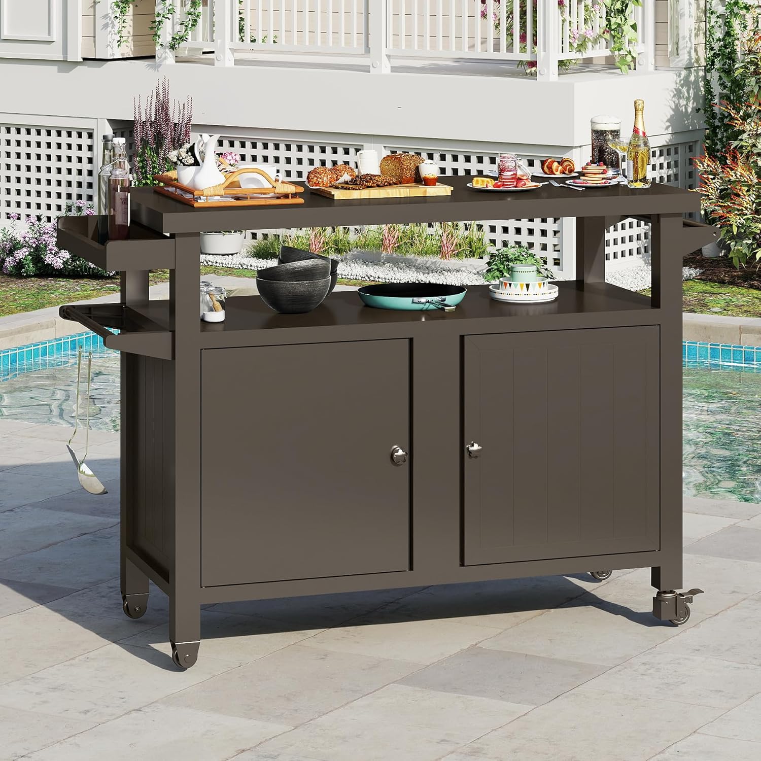 Outdoor Grill Cart with Storage Cabinet and Wheels Portable Grey