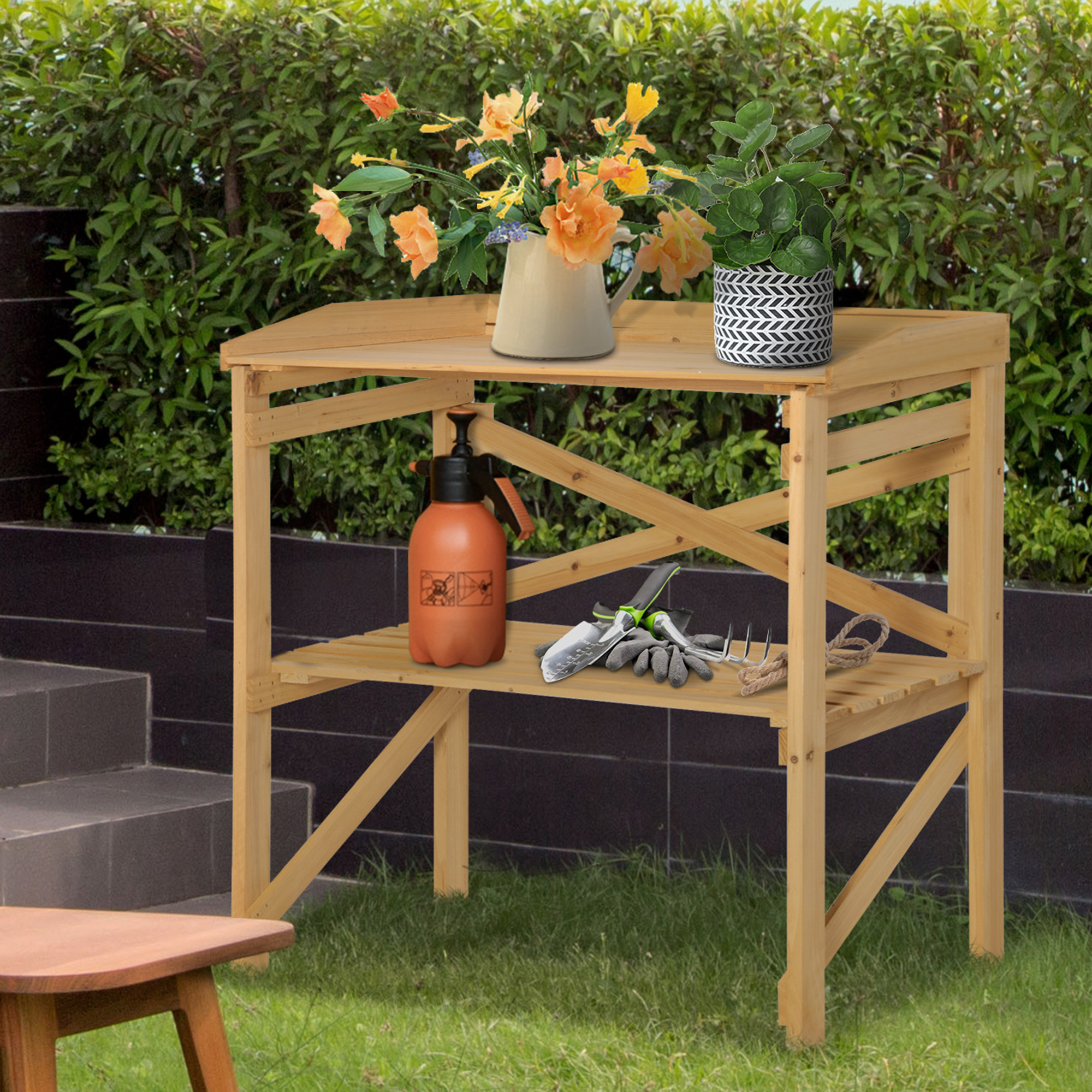 Outsunny Pflanztisch mit Ablagefläche Blumentisch Gärtnertisch Garten Holz Hellbraun 80 x 40 x 84 cm