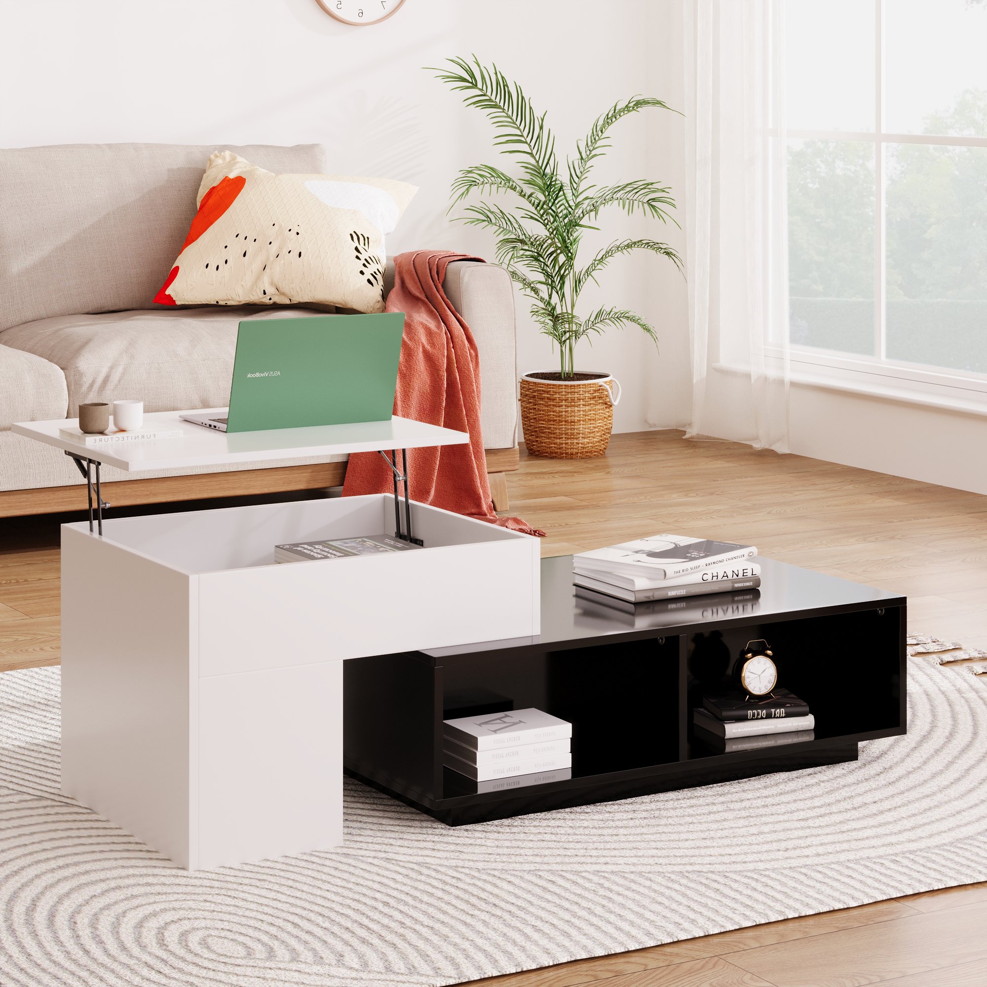 Kombi-Couchtisch mit Hebefunktion, Schwarz-Weiß-Design und verstecktem Stauraum, schwarz