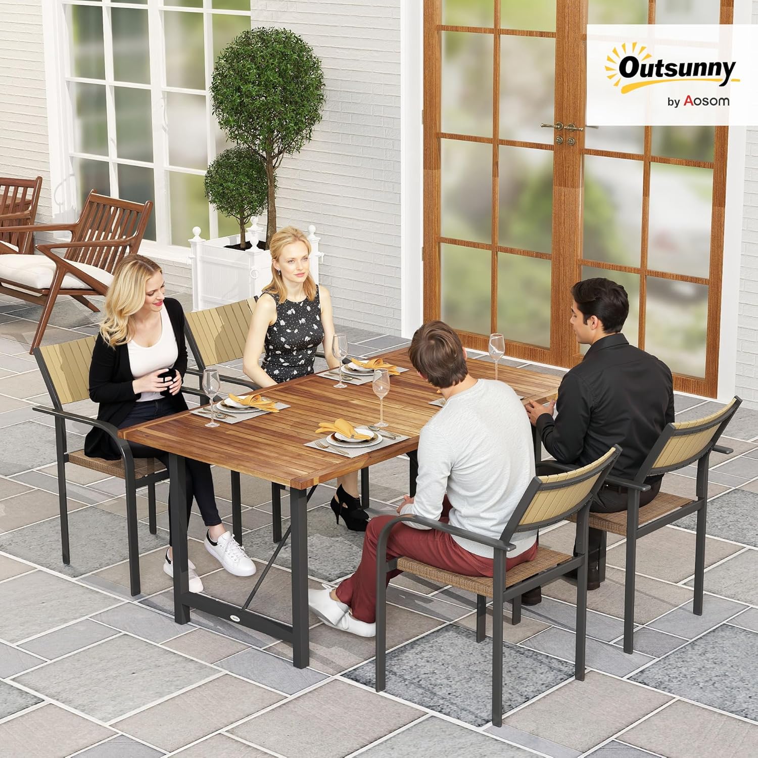 Outsunny Garden Table in Acacia Wood and Steel, Rectangular Outdoor Table with Slatted Top, Balcony Table for Patio, Terrace, Yard and Outdoor, 160 x 90 x 75 cm, Teak