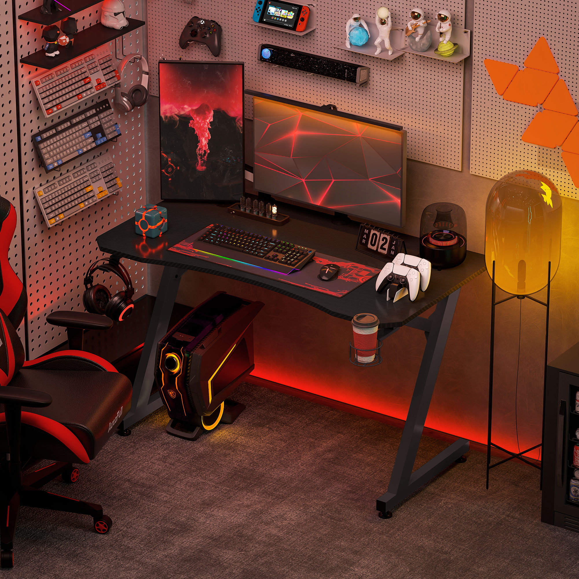HOMCOM Gaming-Schreibtisch mit Kopfhörerhalter, Getränkehalter, Kabelmanagement inklusive, höhenverstellbare Stahl- und Holzkonstruktion, Schwarz