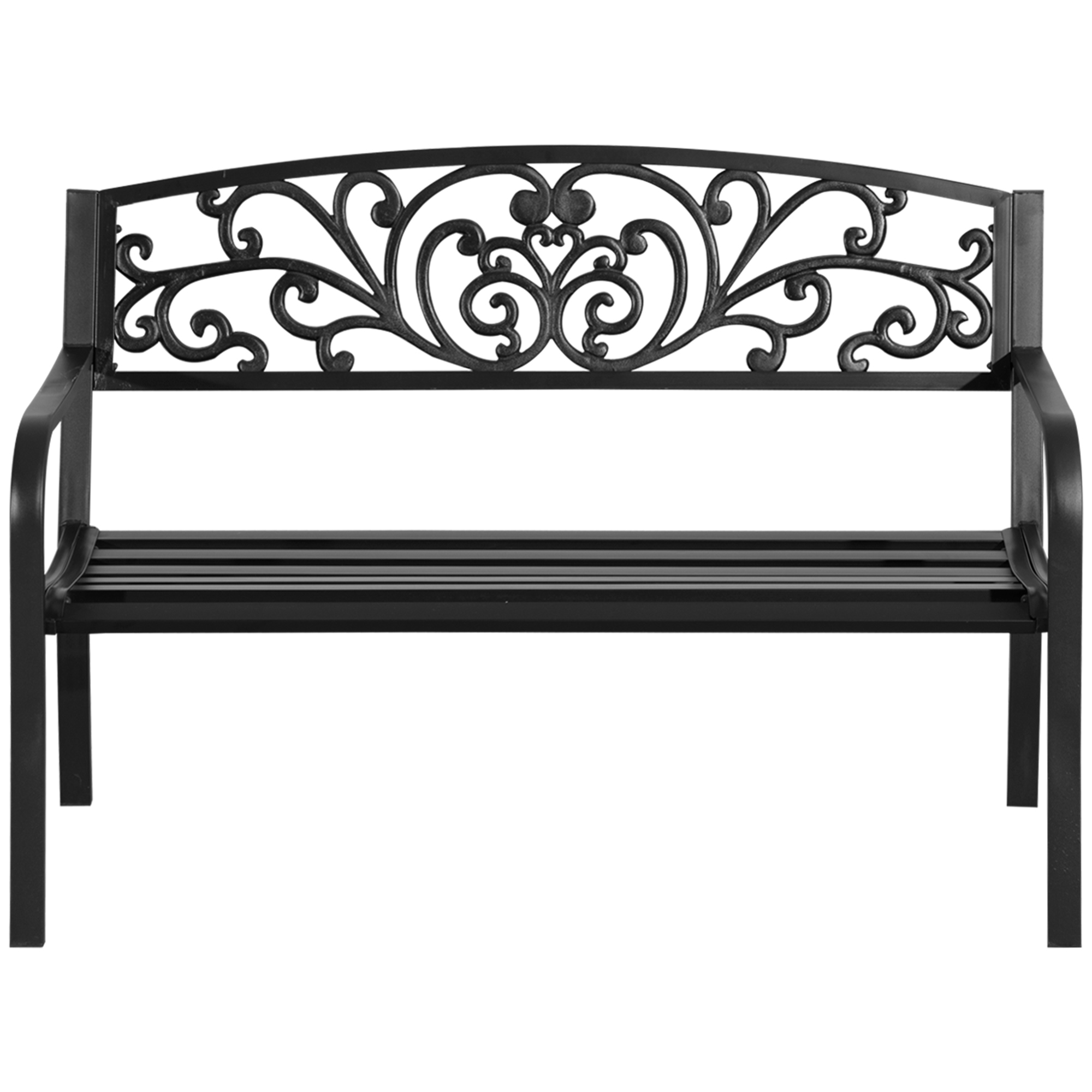 Outsunny Metallgartenbank, Blumendesign, 2-Sitzer, 240 kg Tragkraft, Stahl, 127L x 60B x 87H cm, Schwarz