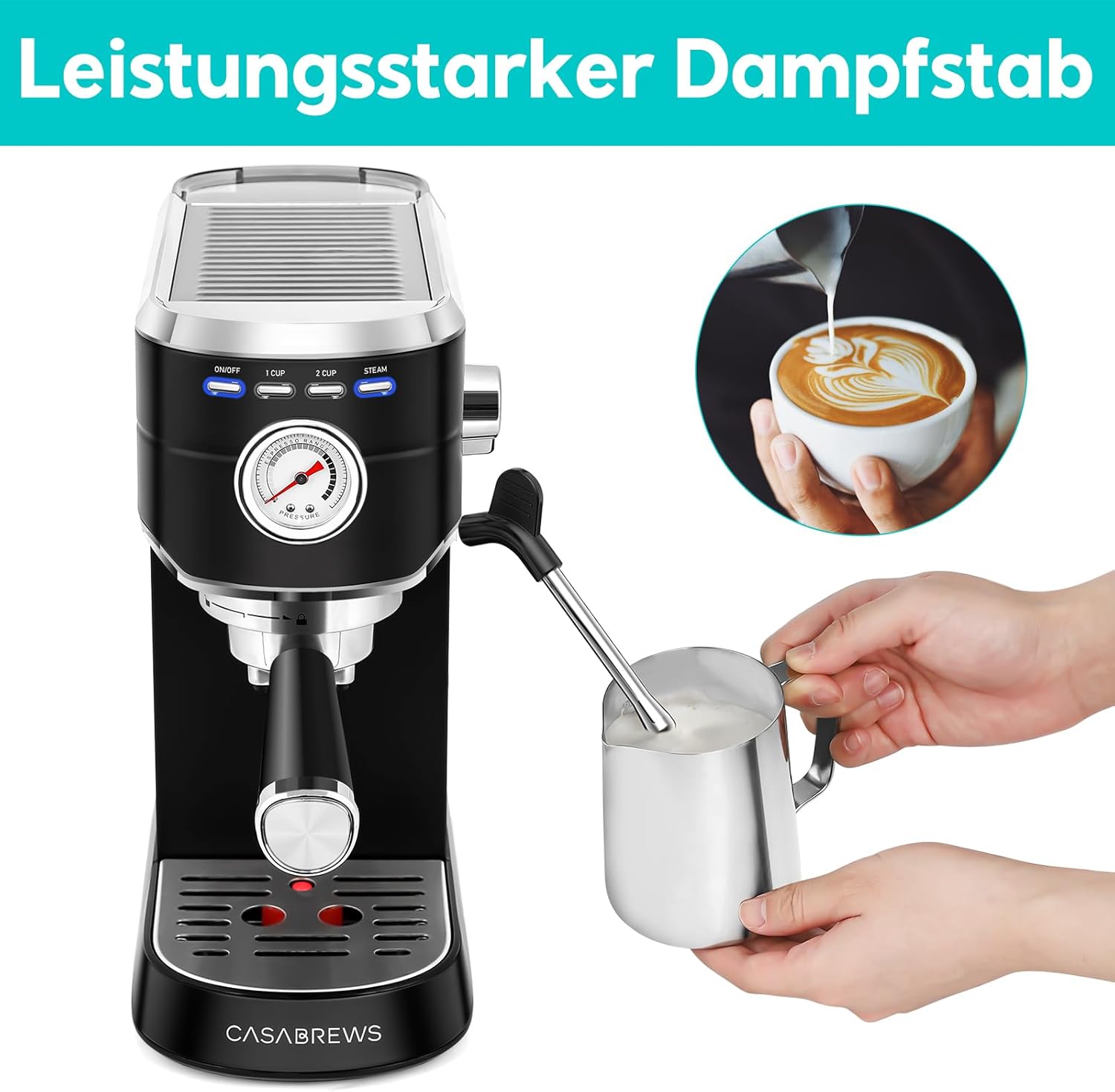 CASABREWS Espresso Siebträgermaschine 20 Bar, Edelstahl-Espressomaschine mit professionellem Milchaufschäumer, Klein Kaffeemaschine Espresso für Cappuccino, Latte & Macchiato, 1L Wassertank, Schwarz