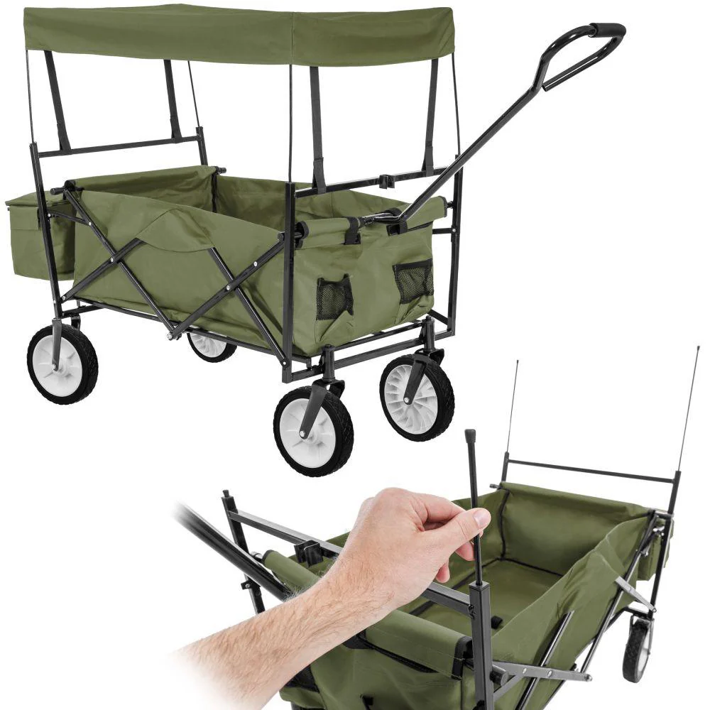 Carrello da giardino pieghevole 70 kg con tetto + sacco verde
