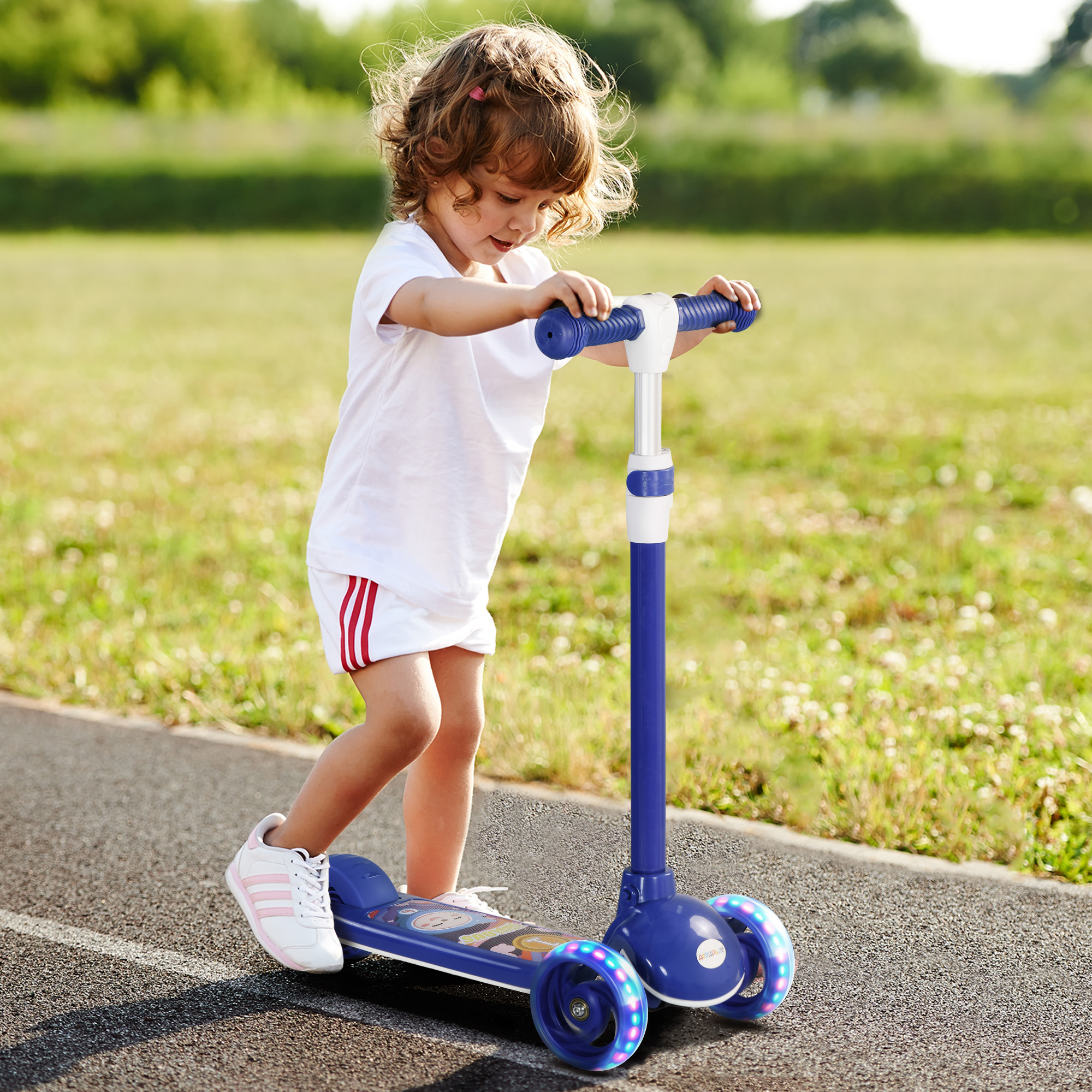 AIYAPLAY Kinderroller 3-Rad mit LED-Beleuchtung Höhenverstellbarer TPE-Lenker Hinterrad-Reibungsbremse 2 bis 6 Jahre Blau
