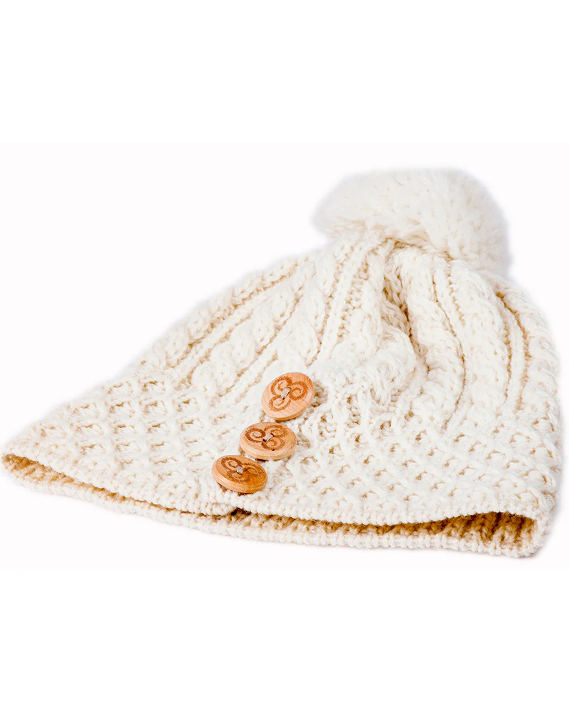 Aran Merino Wool Hat with 3 Buttons , Natural