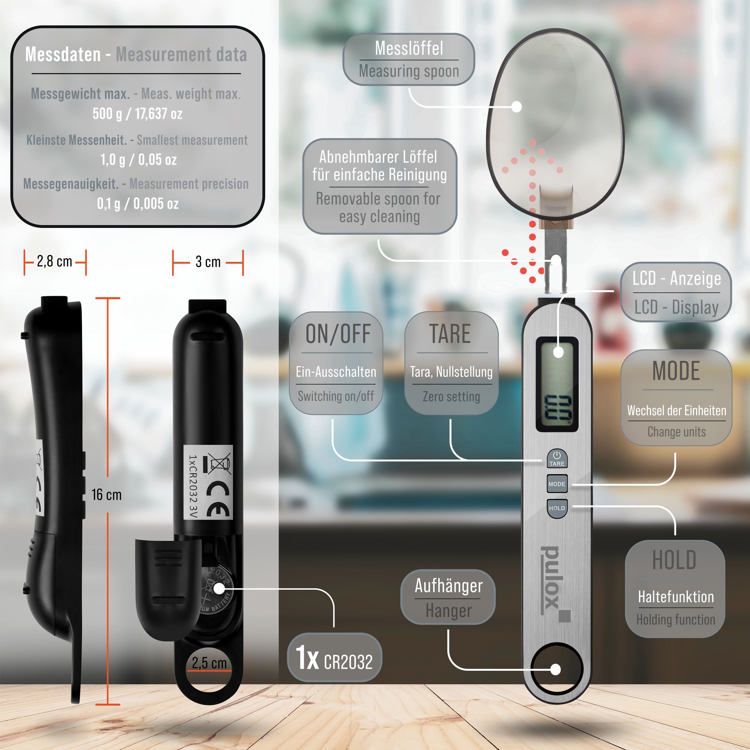 Löffelwaage PLW-200 - Inkl. drei Messlöffeln und Batterien