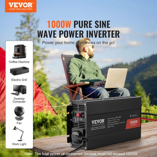 VEVOR Wechselrichter mit reiner Sinuswelle 1000W DC 12V  AC 230V Spannungswandler mit 2 AC-Steckdosen 2 USB-Anschlüssen 1 Typ-C-Anschluss Fernbedienung für kleine Heimgeräte wie Smartphone-Laptop