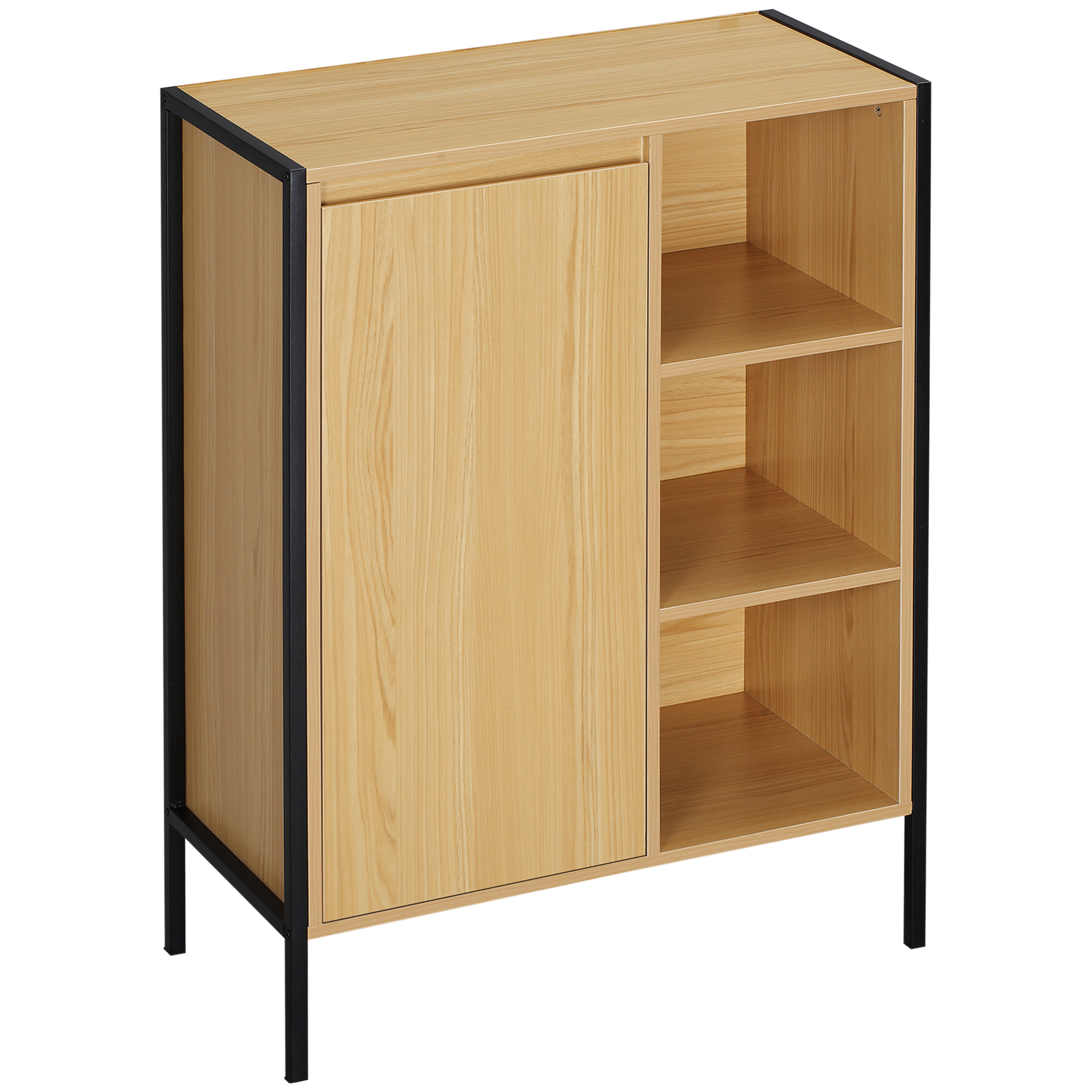 Kleankin Badezimmerschrank Stehschrank mit 3 Nischen und 1 geschlossenem Schrank - schwarzes Stahlgestell - 60 x 28 x 80 cm