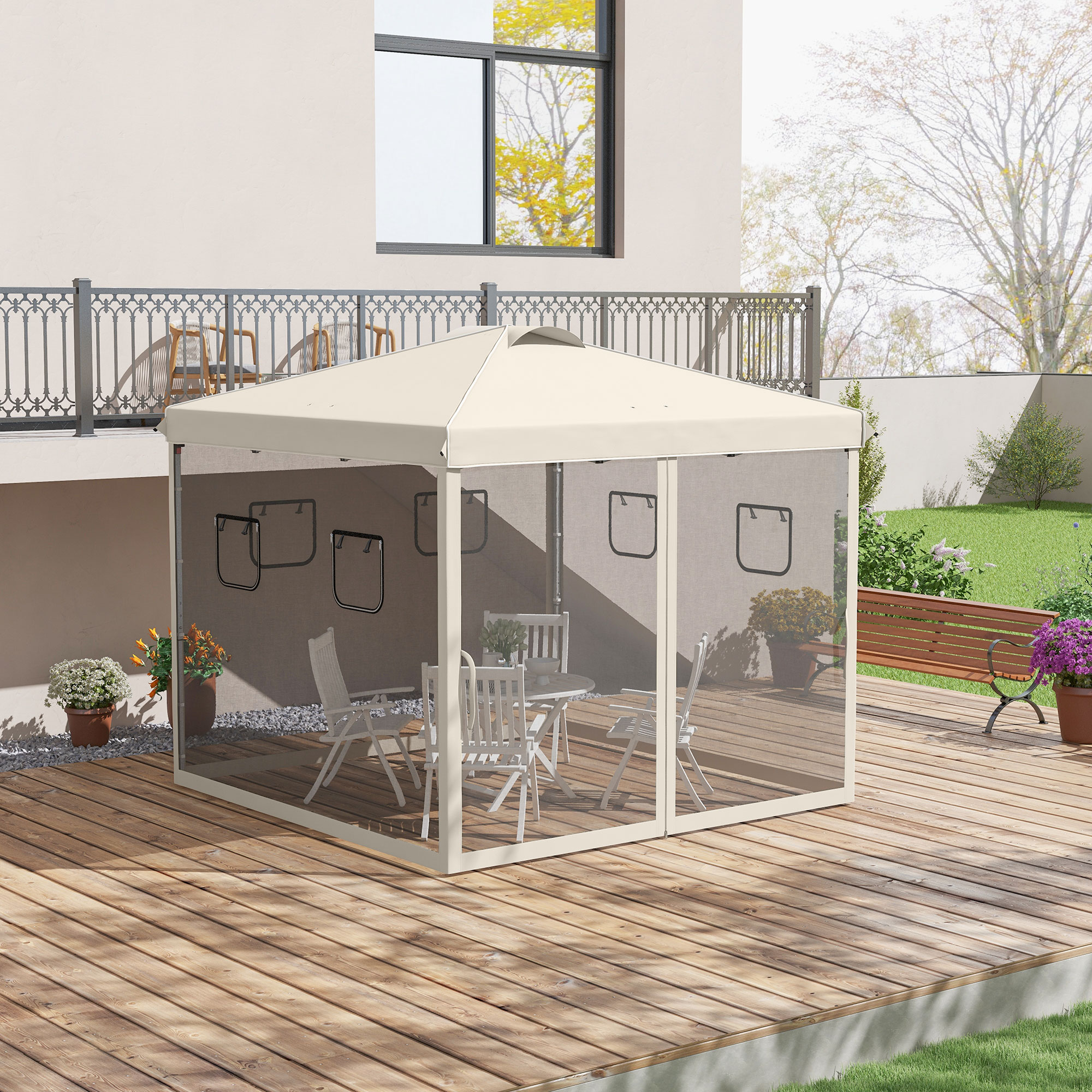Outsunny Faltpavillon, höhenverstellbar, Netzvorhänge, Tragetasche, Metallgestell, 3 x 3 x 3 m, Beige