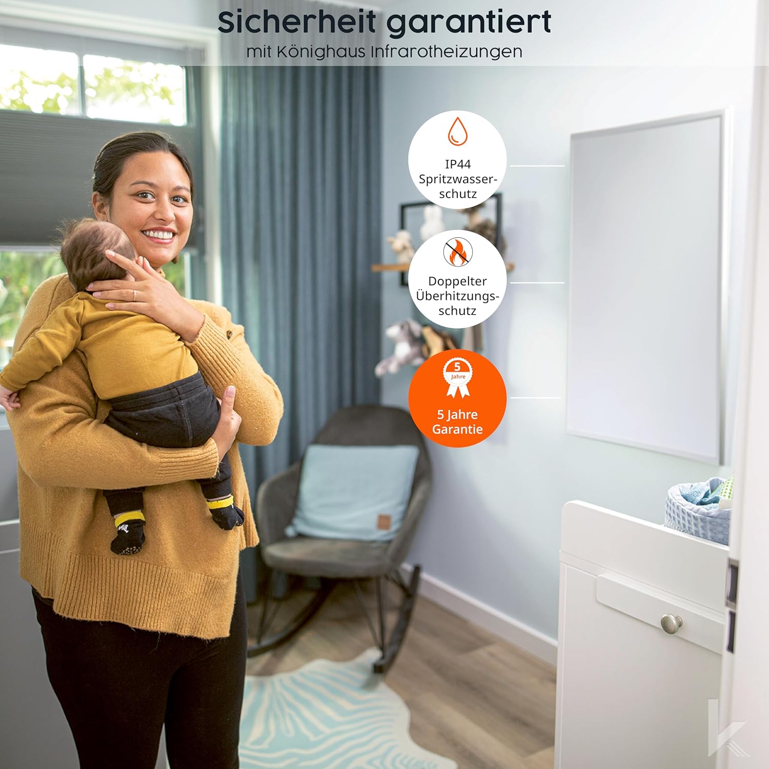 Könighaus Infrarotheizung - 1200 Watt mit TÜV SÜD + 5 Jahre Herstellergarantie ✓ Doppelter Überhitzungsschutz ✓ Heizkörper für 1-29 m² ✓ inkl. Integriertem Smart Thermostat und App