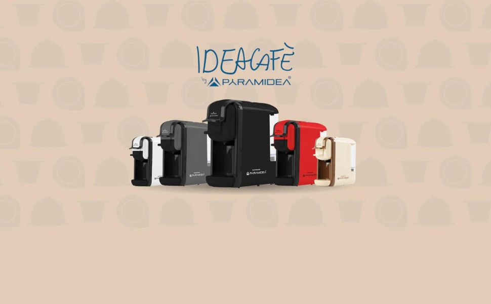 Macchine da caffè Ideacafe di Faramidea. Cinque modelli in diversi colori: nero, rosso, bianco e metallizzato, con design compatti monodose.