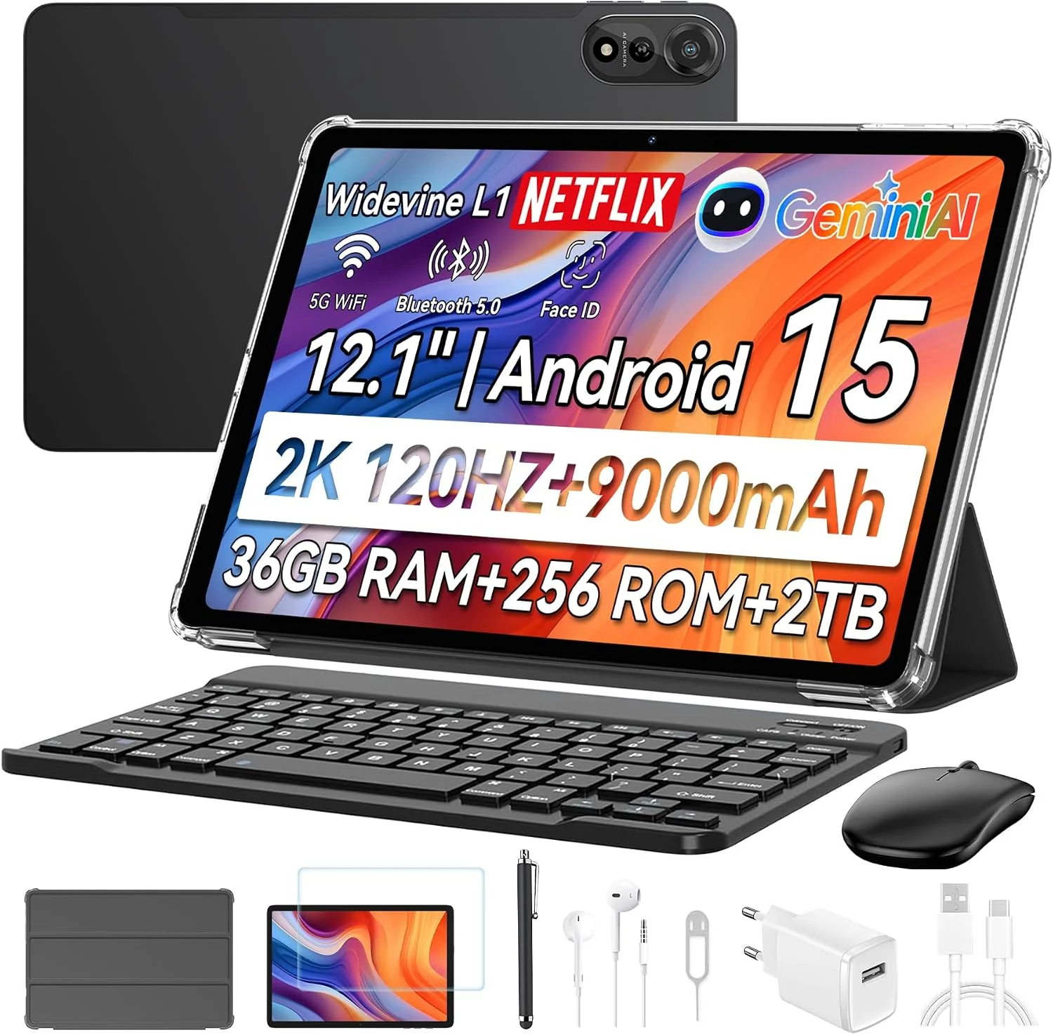 Blackview Mega2 Android 15 Tablet 12 Zoll, 36GB RAM+256GB ROM, 4G LTE+5G WiFi, 9000 mAh, 2K FHD Gaming Tablet mit Tastatur Maus Stift Kopfhörer, GPS