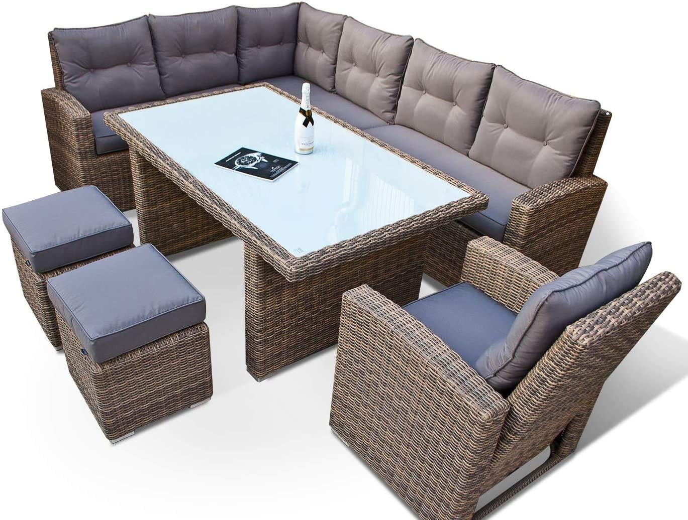 Ragnarök-Möbeldesign hohe Dining Lounge - DEUTSCHE Hersteller - 8 Jahre GARANTIE - EIGENE Produktion - PolyRattan Gartenmöbel Essgruppe Sessel Naturfarben Rundrattan Grau