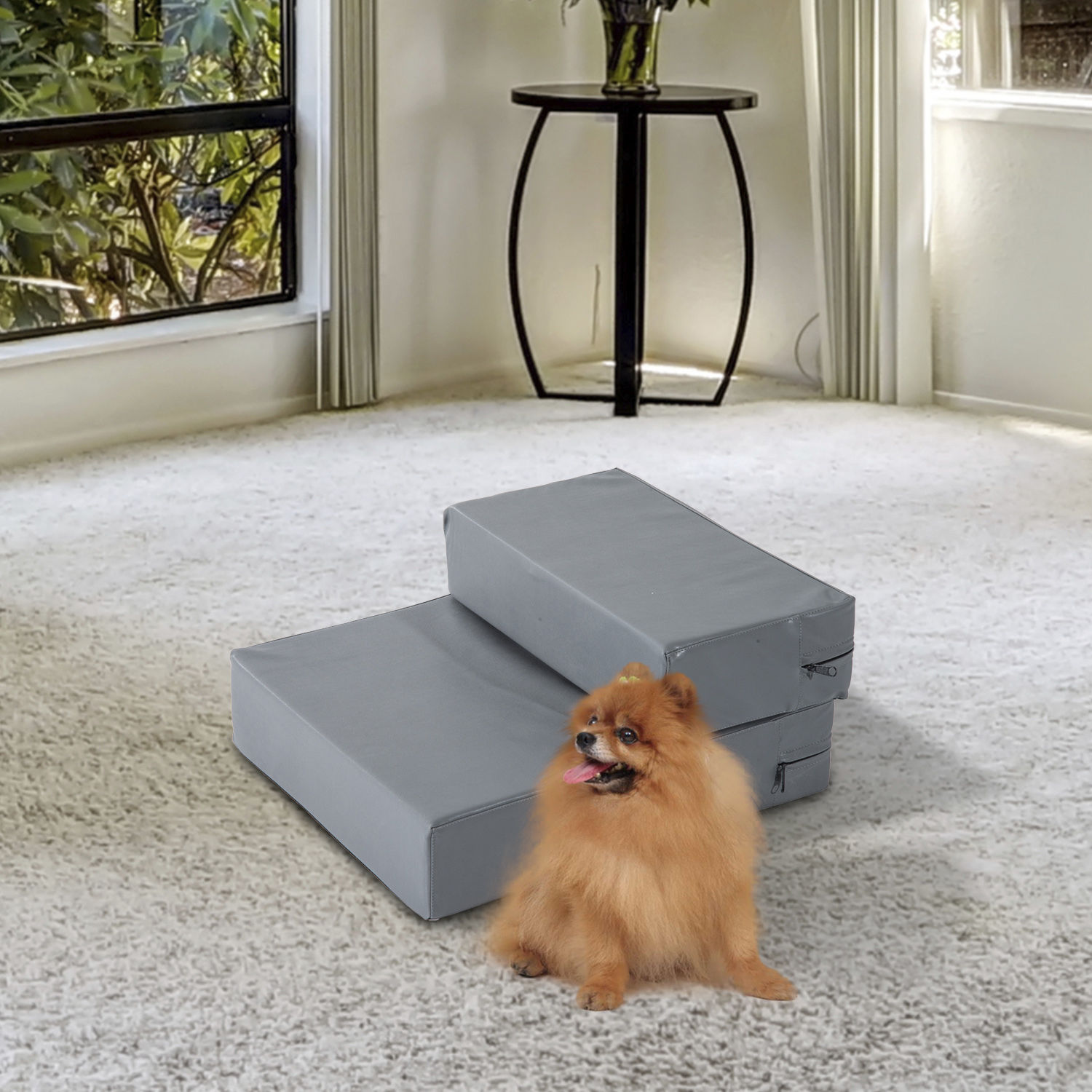 PawHut Haustiertreppe Tierunterlage 2 Stufen Klappbar bis 7 kg Hundetreppe Treppe Unterlage für Katzen und Hunde Grau L45 x B39 x H20 cm
