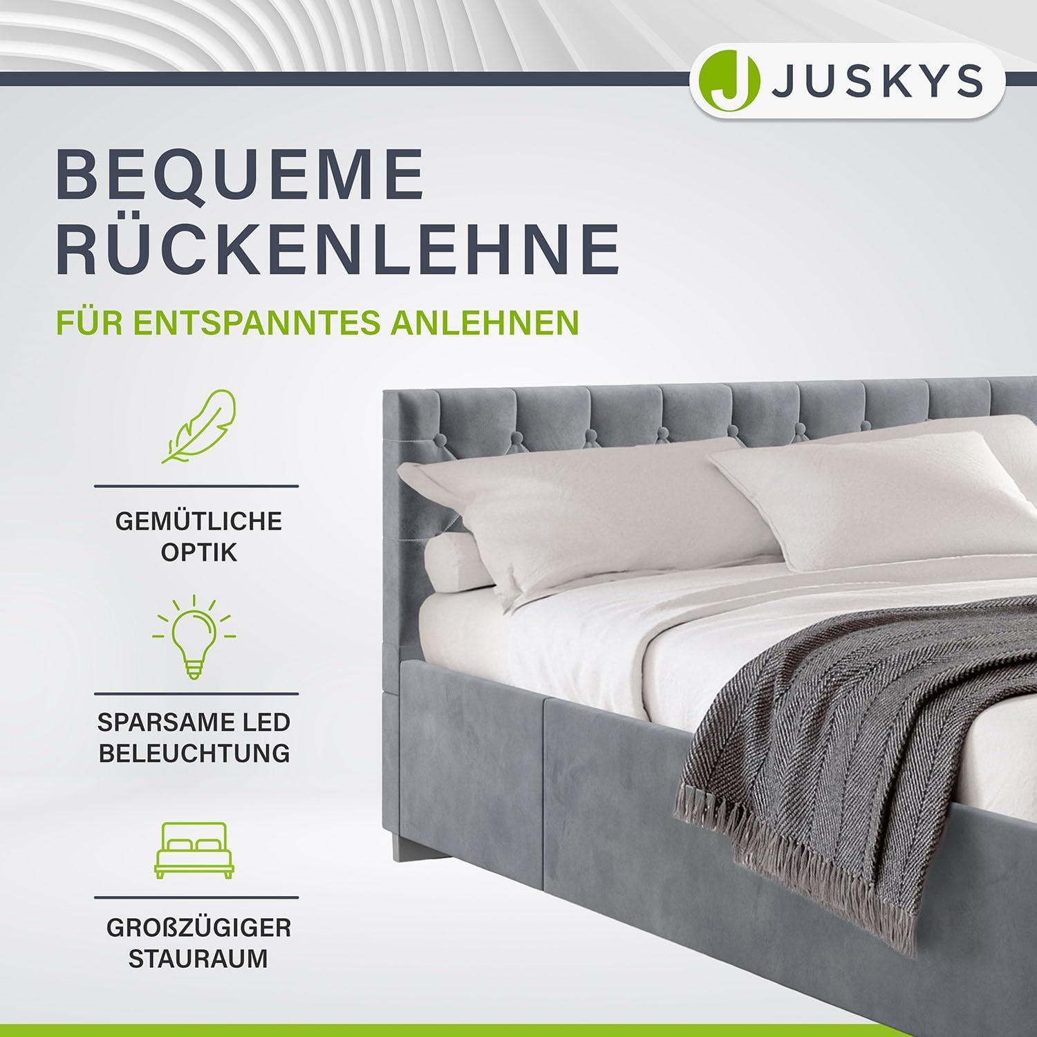 Juskys Polsterbett Nizza 120x200 cm Samt mit Stauraum, LED Beleuchtung & Lattenrost - Chesterfield Steppung & Kopfteil - Bett Bettgestell - Grau