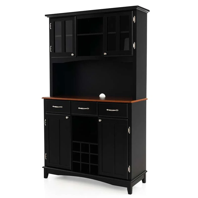 Wood Buffet Hutch Cabinet Kitchen Hutch Sideboard Kitchenware Server with 3 Large Drawers & 9 Wine Grids