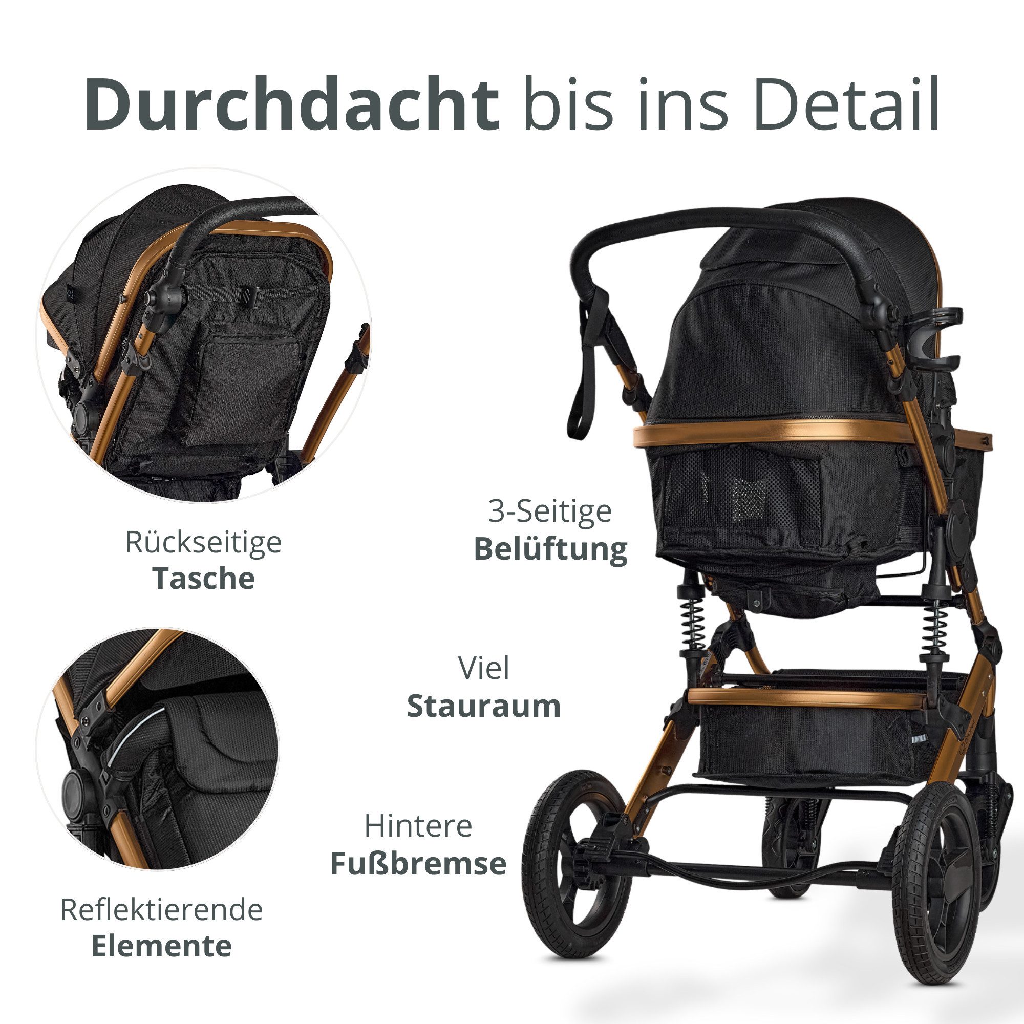 Kombi-Kinderwagen EXQUISE 2.0 Kinderwagen 3-in-1 SCHWARZ/GOLD mit BUGGY, AUTO-BABYSCHALE