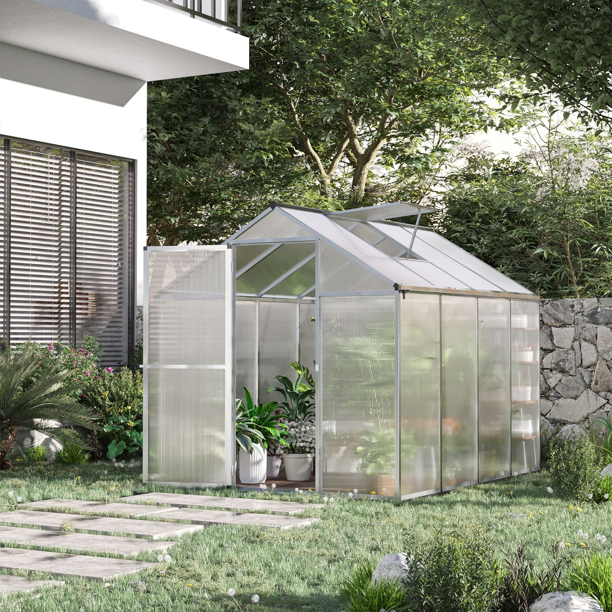 Outsunny Gewächshaus aus Aluminium und Polycarbonat in 4,6 m², Maße 2,42L x 1,9B x 1,95H m, Lüftungsfenster, Tür mit Riegel