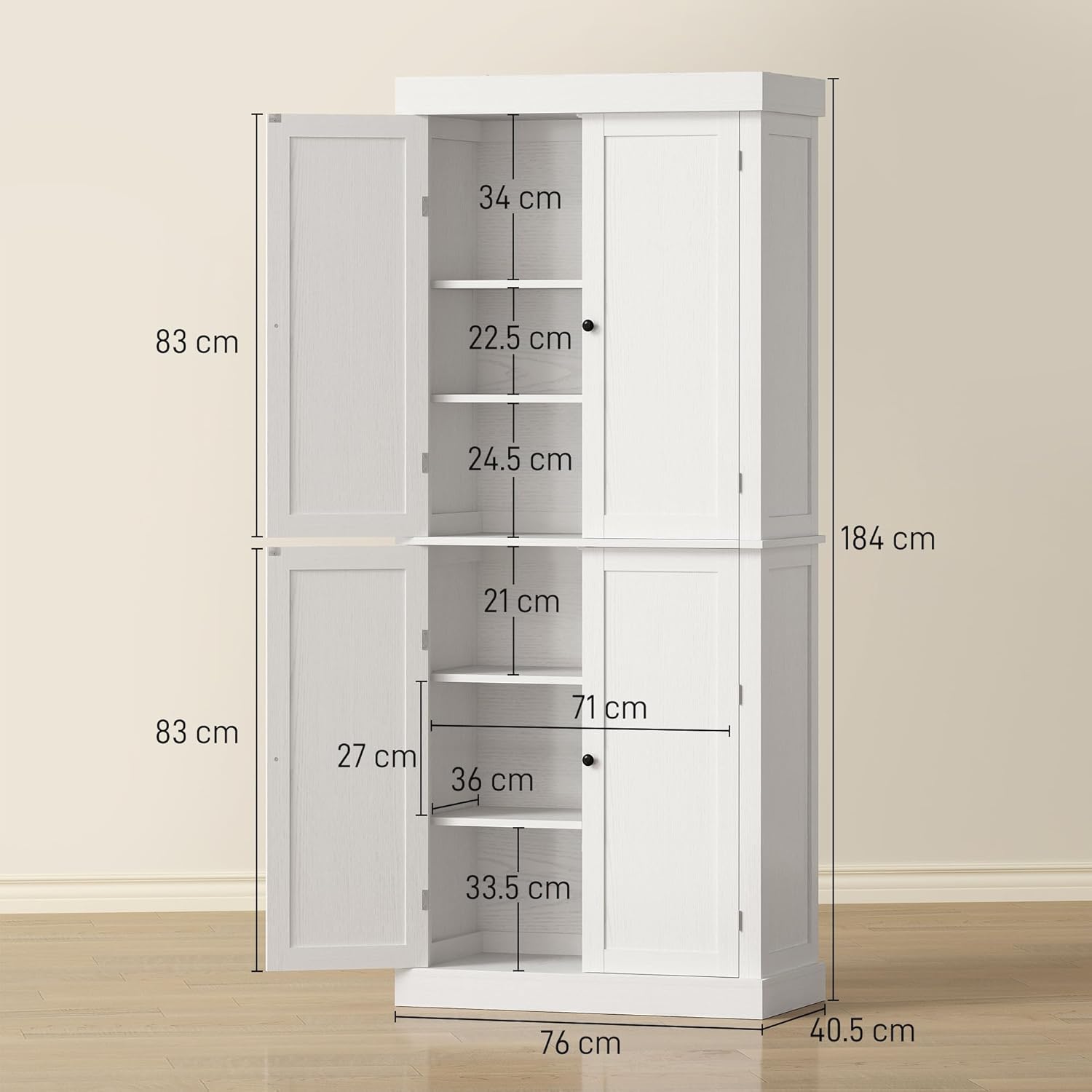 HOMCOM Mobile Cucina Alto con 6 Ripiani e 2 Ante, Armadio Dispensa con Ripiani Regolabili in Legno, 76x40.5x184 cm, Bianco