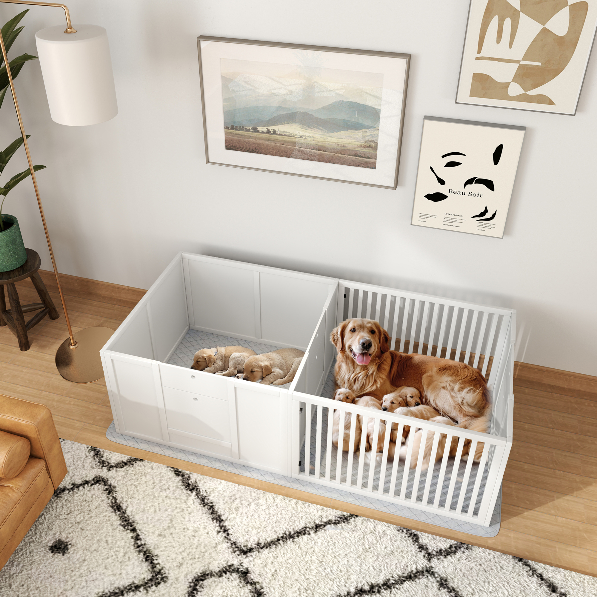 PawHut Werpbox voor Puppy's, met Ondermat, eenvoudig te reinigen, Hout, 166x80x50 cm, Wit