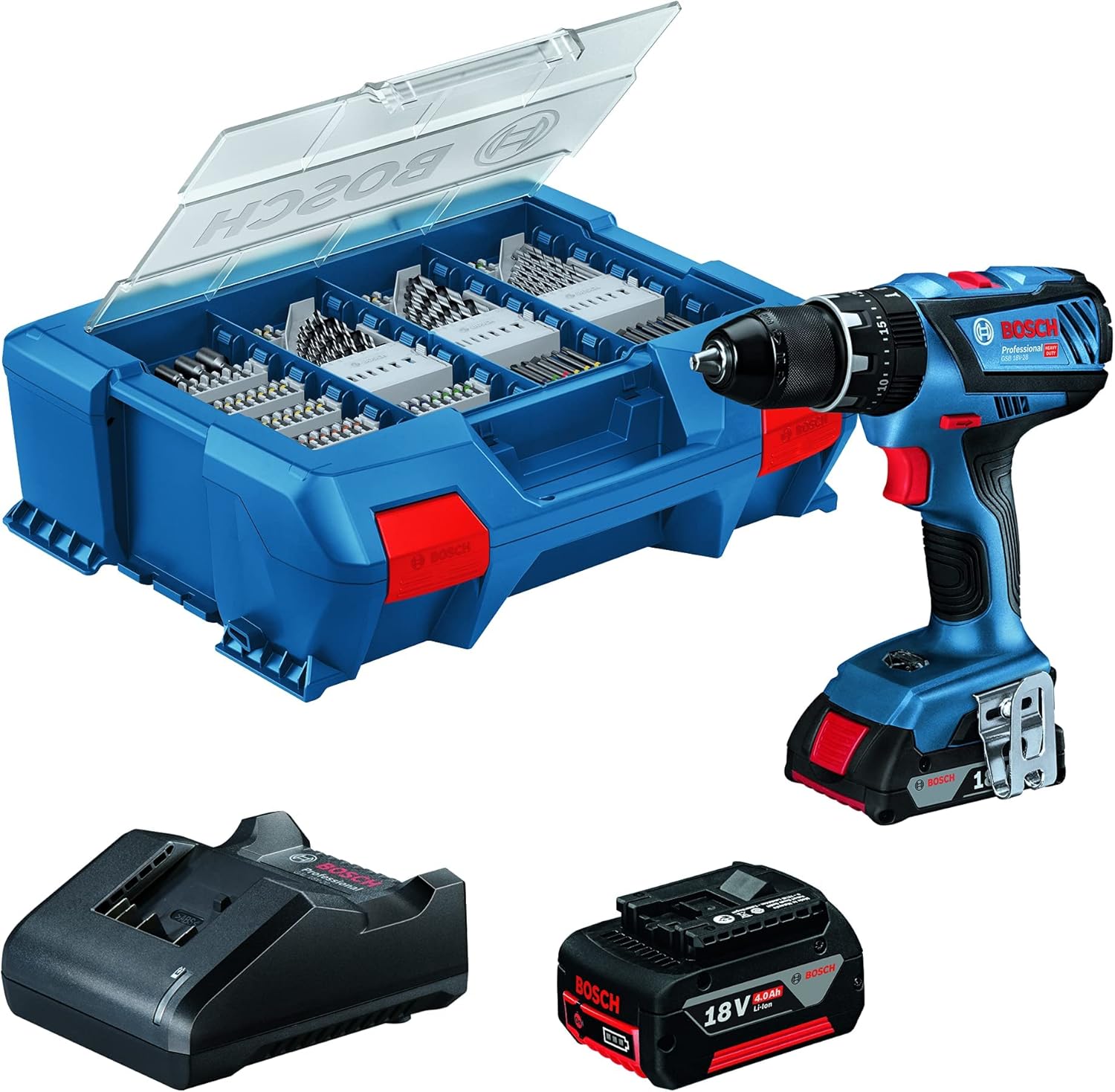 Bosch Professional 18V System Trapano-Avvitatore a Perc. a Batt. Gsb 18V-28 (Incl. 1 Batt. 2.0 Ah, 1 Batt. 4,0 Ah, Caricabatt. Gal 18V-20, L-Case Pick&Click e Set Accessori 100 Pz) Blue, 1/2_pollice