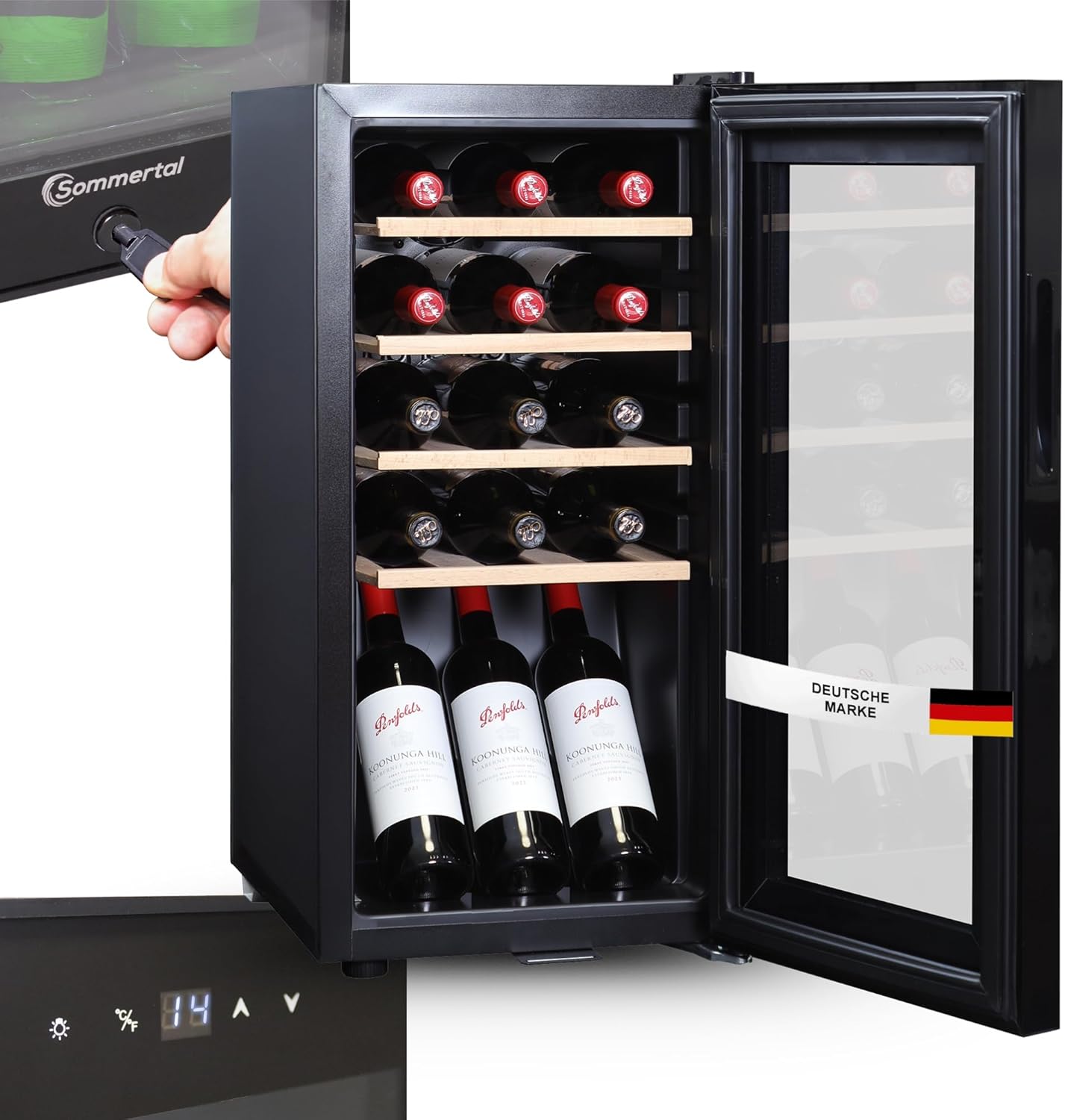 Sommertal WK 50 - Frigorifero per vino - 15 bottiglie, regolabile 5-20 °C, con serratura, illuminazione a LED, porta in vetro, touch screen, 4 ripiani in legno, silenziosa e a risparmio energetico