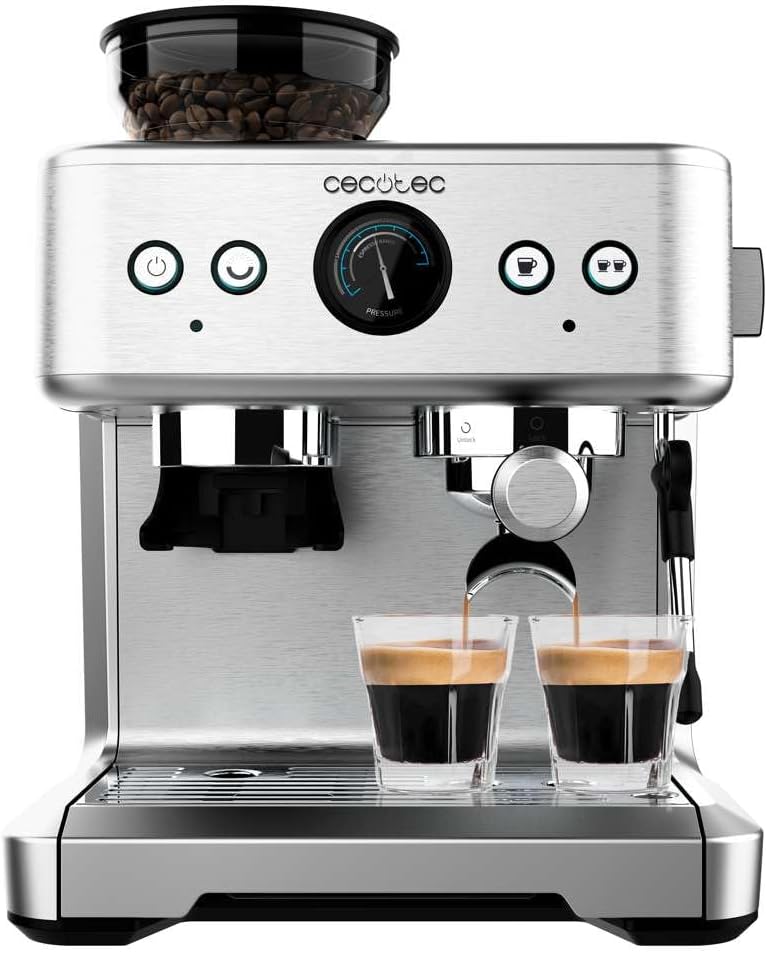 Cecotec Macchina da Caffè Espresso Power Espresso 20 Matic Professionale. 850 W, 20 Bar, Manometro, Serbatoio da 1,6L, Braccio A Doppia Uscita, Vaporizzatore, Superficie A Tazza Calda,In Acciaio Inox