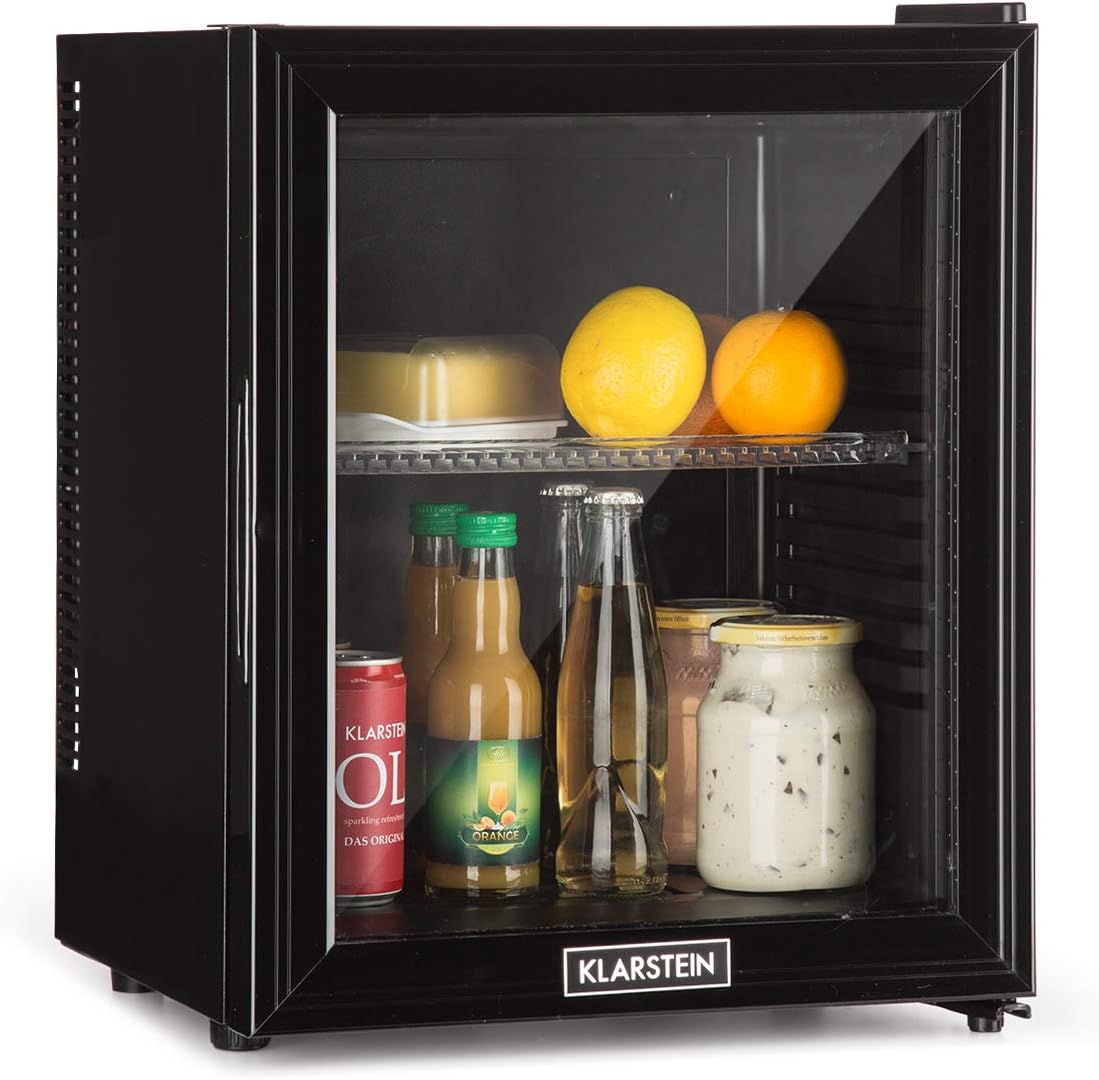 KLARSTEIN Brooklyn Mini Fridge, Portable Room Refrigerator, Small Quiet Office Refrigerator, Mini Bar with Interior Lighting and Removable Shelves, Camping Bar Fridge 12-18°C, 24L