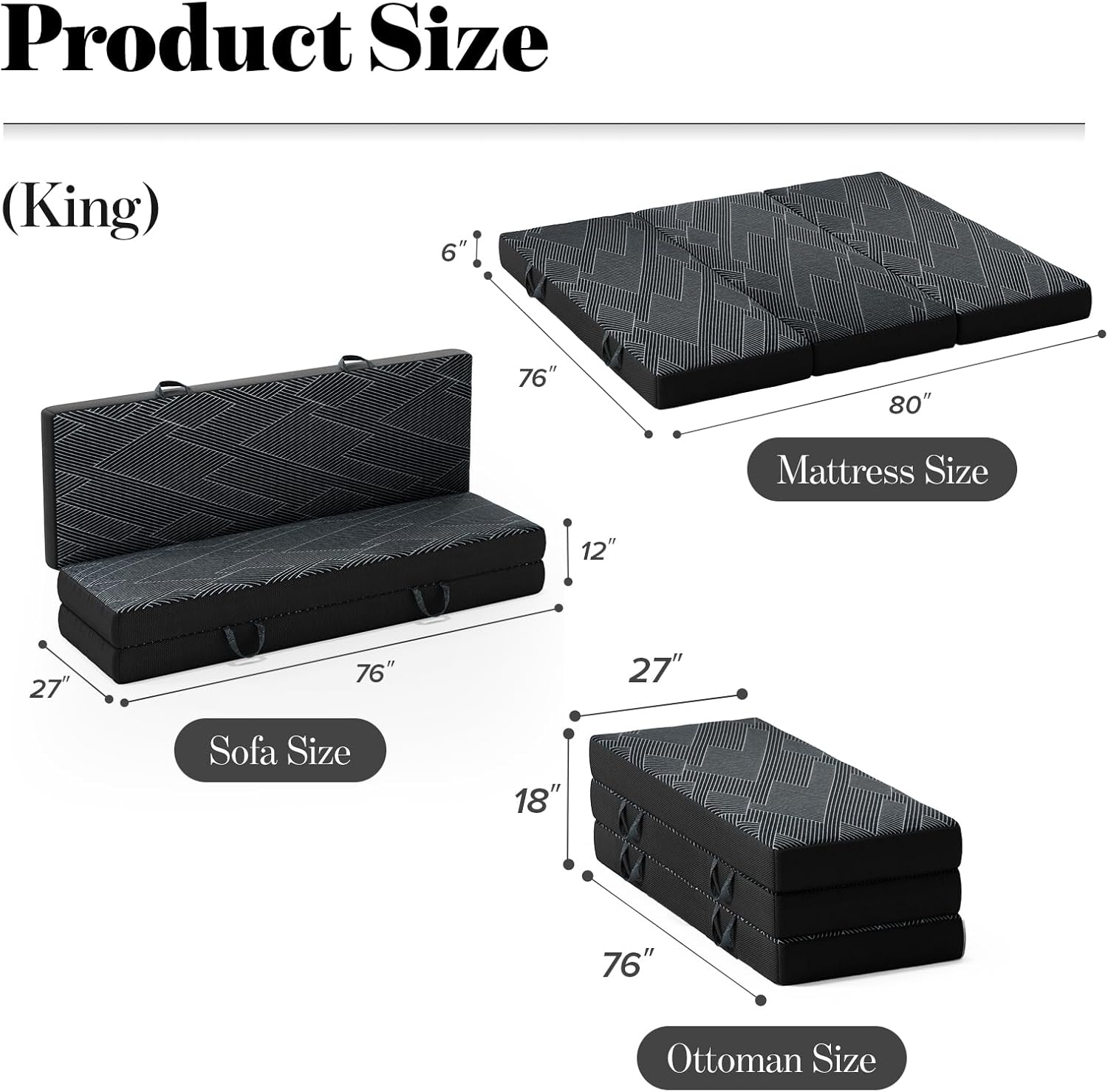 Tri Folding Mattress King Size - Foldable Mattress Trifold Memory Foam Mat with Washable Cover, Handle & Non-Slip Bottom Portable Foldable Floor Sofa Bed for Travel Camping Guest - 6 Inch, 80